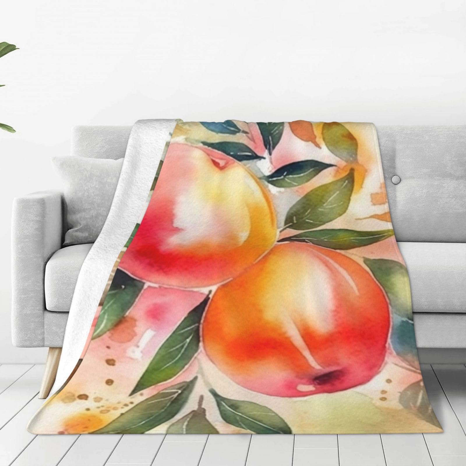 Colorful Peach Watercolor Design Throw Blanket 50"x40" Flannel Fluffy Warm Blanket for Couch, Reversible Plush Blankets for Bed, Comfy Fuzzy Blanket for Sofa, Plush Lightweight-Blankets for All Season