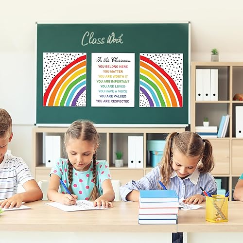 Miniatura 6 de AnyDesign 3 impresiones artísticas coloridas de arco iris para pared, cartel de Diversidad con lunares de arcoíris con texto en inglés You Belong