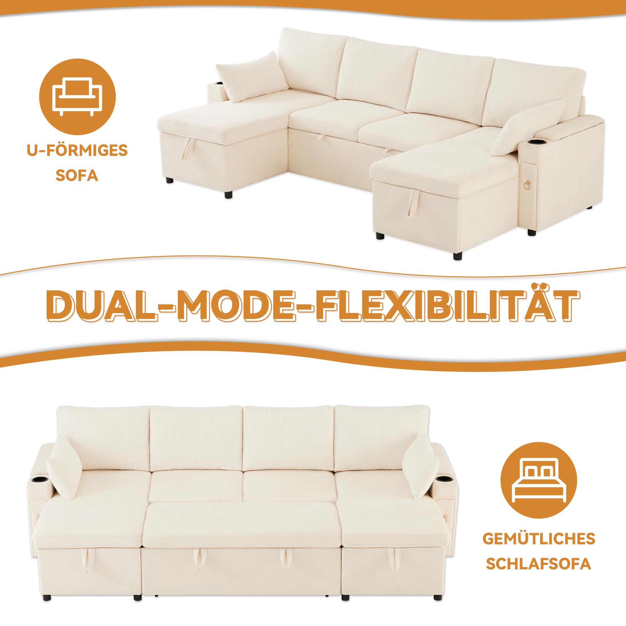 Merax Canapé-lit d'angle extensible en forme de U avec coffre de lit, double méridienne avec espace de rangement caché, canapé-lit pratique avec porte-gobelet, compartiment pour accoudoirs, grand