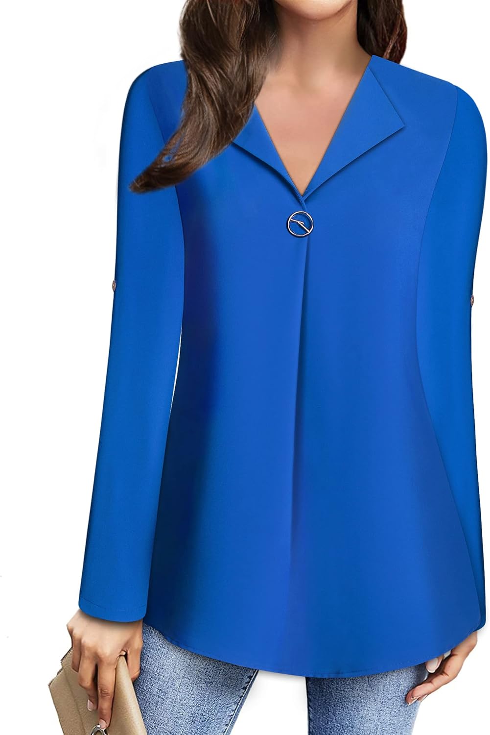 MOQIVGI Womens Roll Up 3/4 Sleeve Chiffon Blouses Trendy Dressy Work Casual V Neck Tops - Image 2