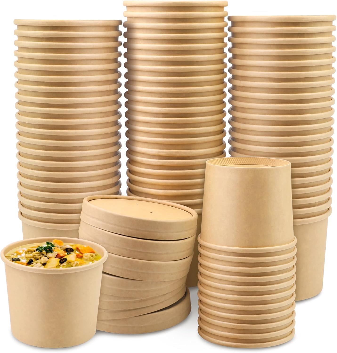 VIVAAS 200 X 12oz Disposable Soup Containers with Lids Paper Bowl Brown Kraft Takeaway Paper Soup Cups Takeaway Tubs for Hot or Cold Food Ice Cream, Dessert, Sundae, Frozen Yogurt, Deli Containers