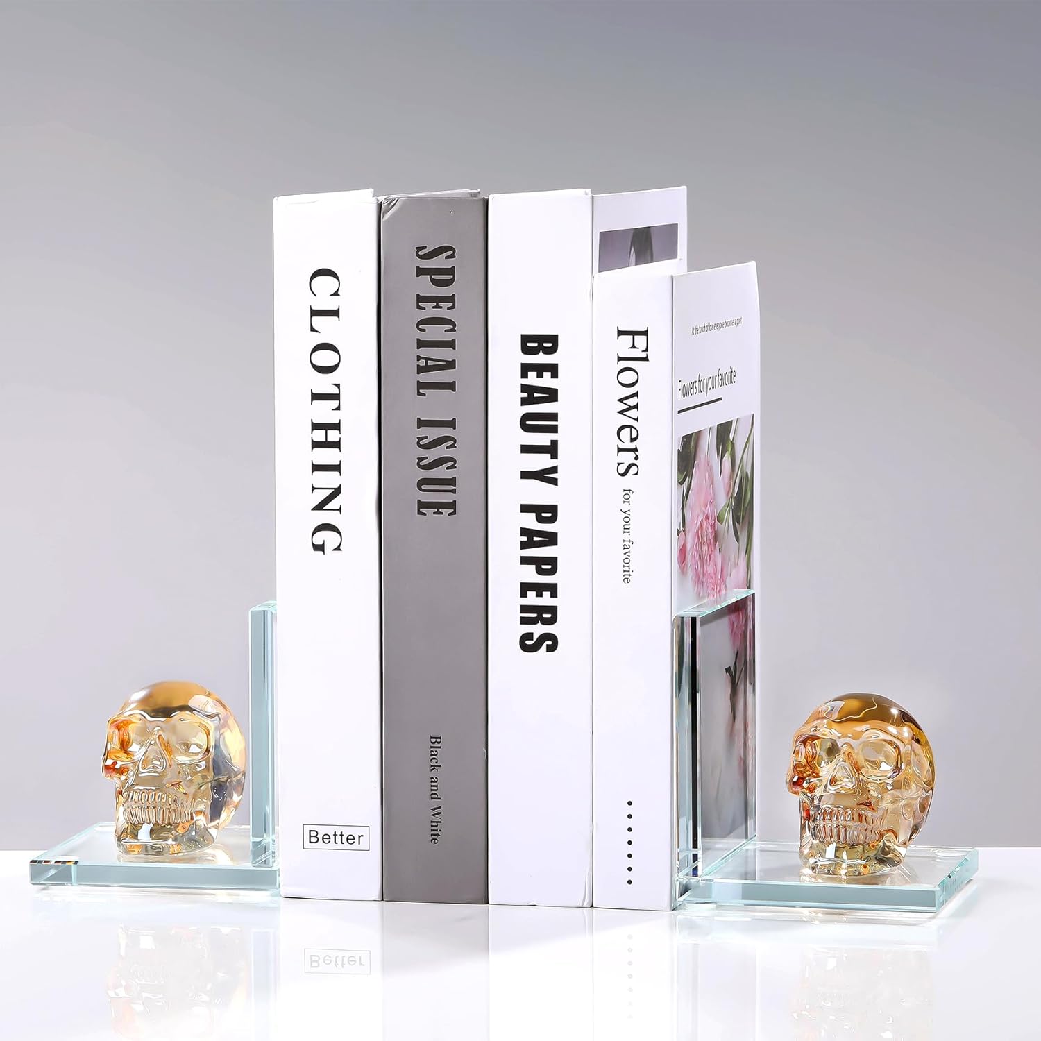 1 Pair Glass Book Ends with Golden Crystal Skull L Shape Non-Skid Decorative Bookends for Bookcase or Bookshelf Apartment for Normal Bookshelves Living Room Office Home Decor