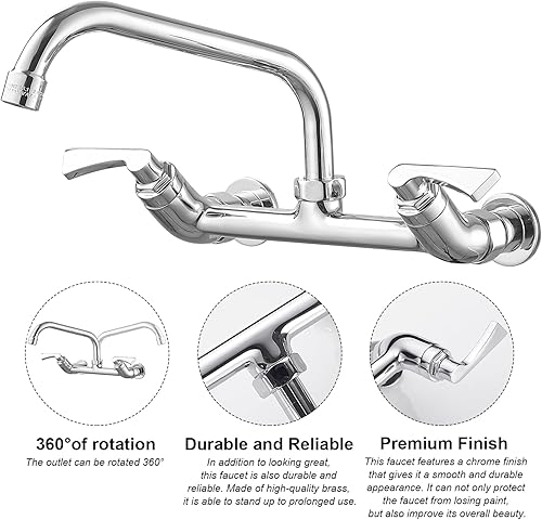Miniatura 2 de BWE Grifo de cocina para montaje en pared, centro de 8 pulgadas, grifos de fregadero de utilidad comercial, doble mango con boquilla giratoria de 8