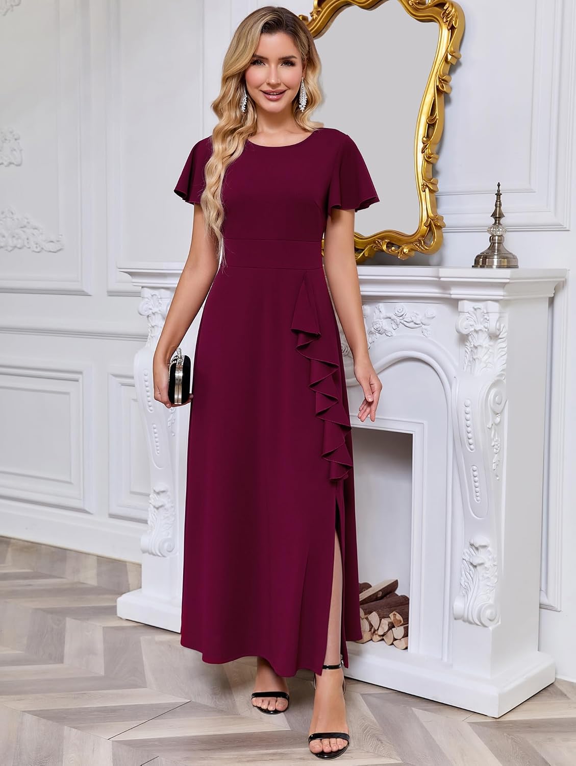Women’s A-Line Ruffle Maxi Wedding Guest Dresses Short Sleeve Formal Evening Gowns