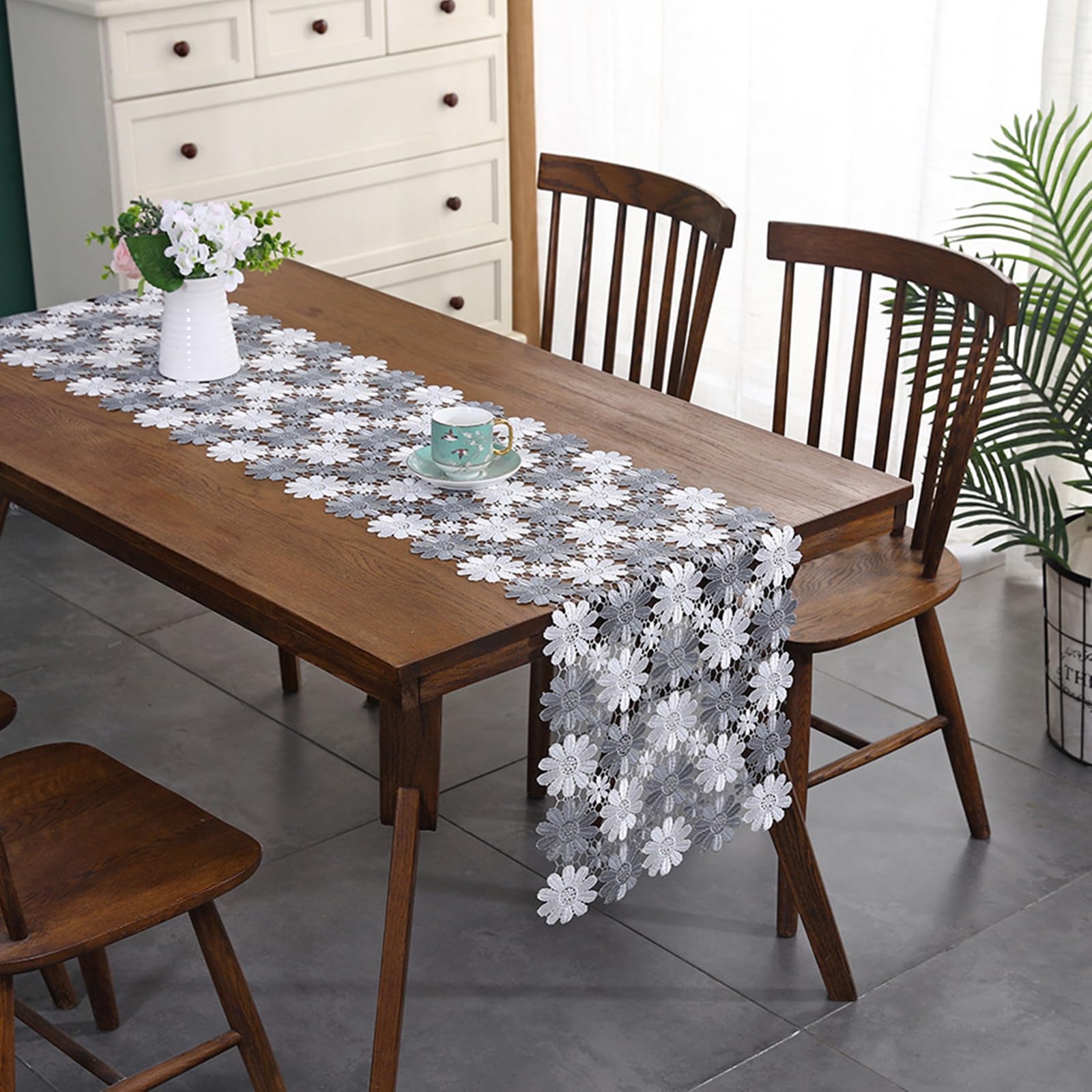 Tischläufer Landhausstil Polyester, Tischläufer Wohnzimmer 40x150 cm, Hohle Blumen, Gestickt, Weiß Grau