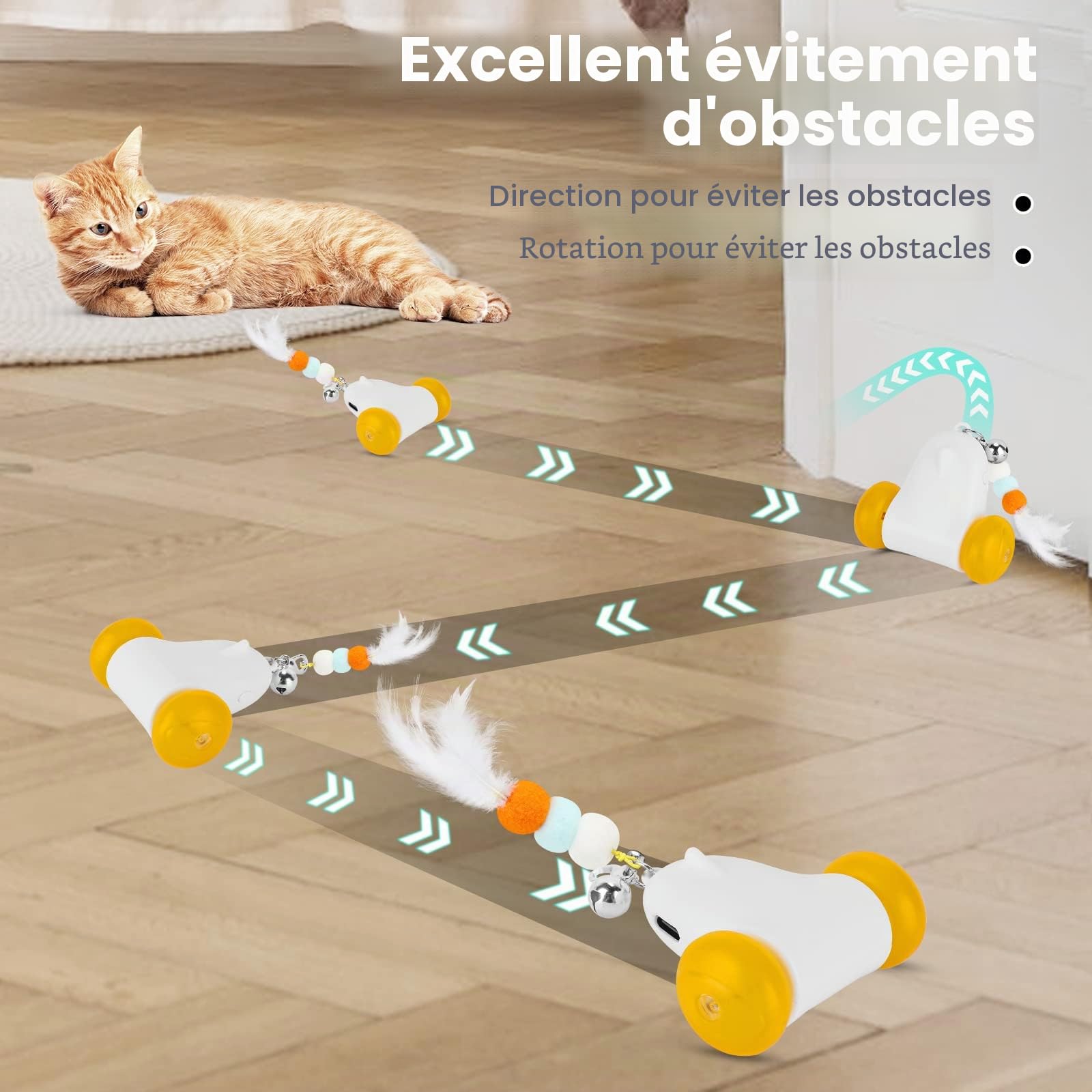 HAPPY HACHI Jouet Interactif pour Chat, 2 Vitesses Réglables, Mouvement Irrégulier USB Rechargeable Jouet Chat Interieur, avec Lumière LED Colorée, stimule l'instinct de Chasse, avec 3 Plumes