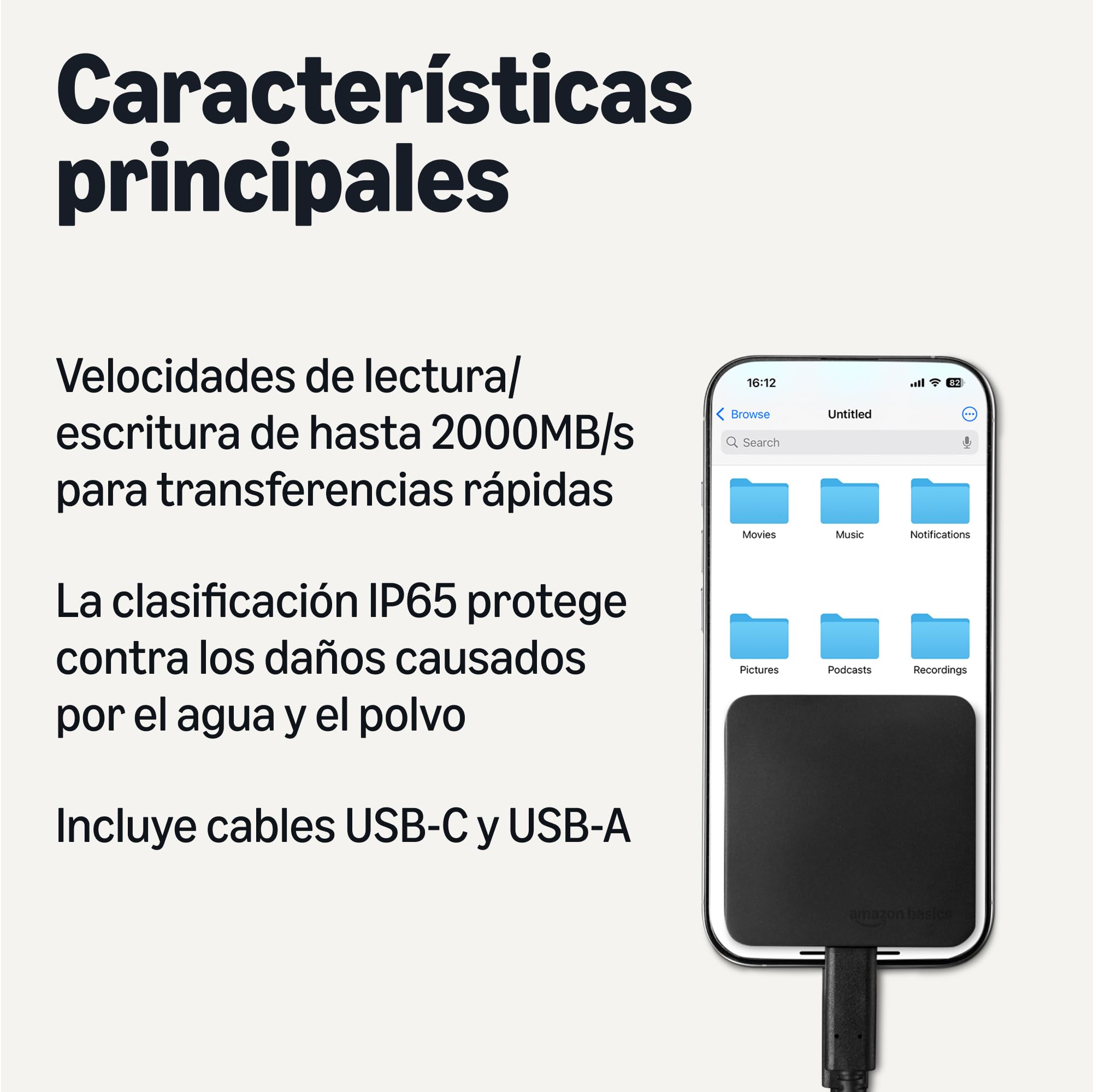 Amazon Basics Unidad de Estado Sólido Externa Portátil de 2TB Velocidades de hasta 2000MB/s USB 3.2 Gen 2 Resistencia IP65 al Agua y al Polvo Negro