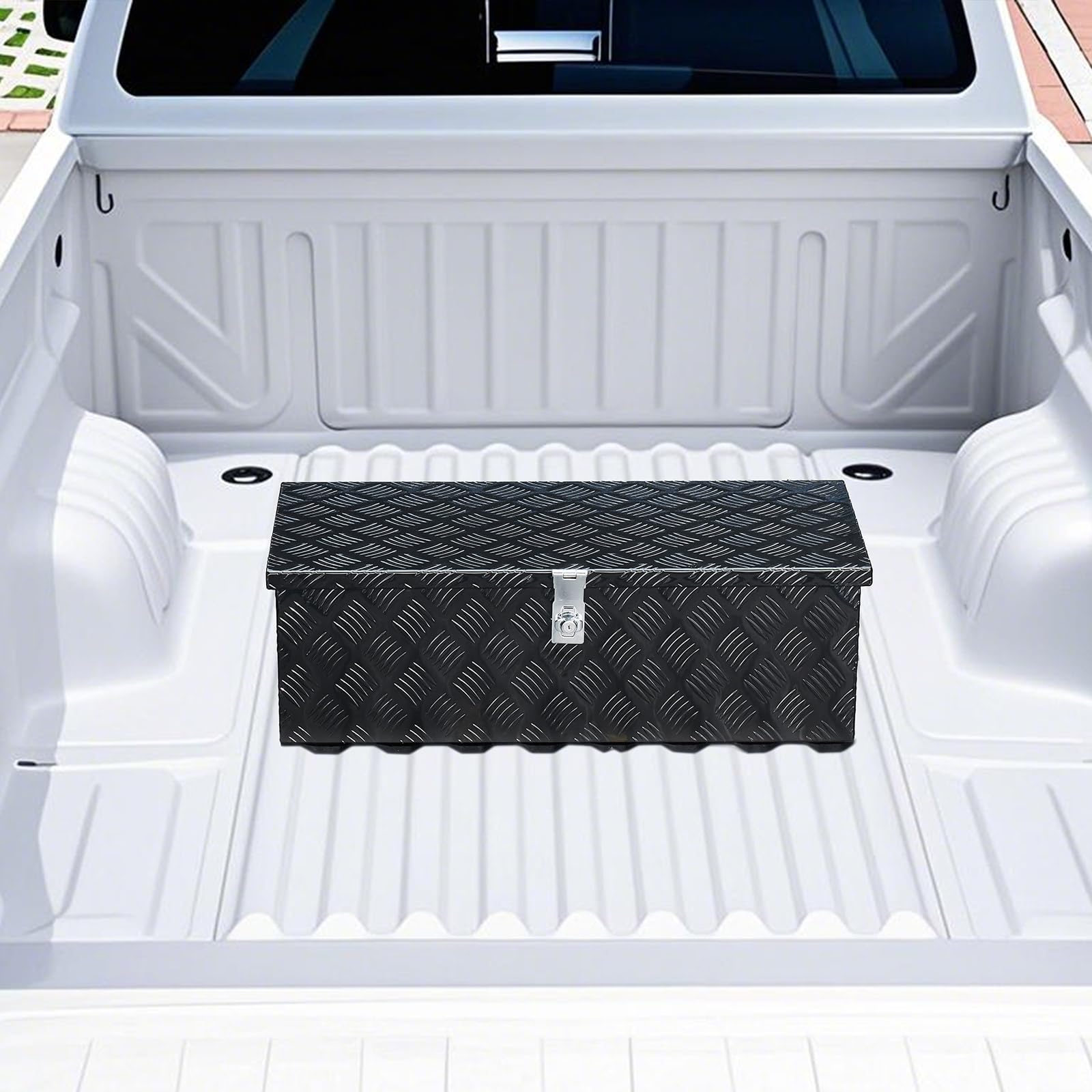 VEVOR Caja de Herramientas de Aluminio Resistente para Caja de Camioneta, con Diseño a Rayas, Asa Lateral y Llaves Seguridad, a Remolque, Camioneta, Autocaravana, 762 x 330,2 x 243,84 mm, Negro
