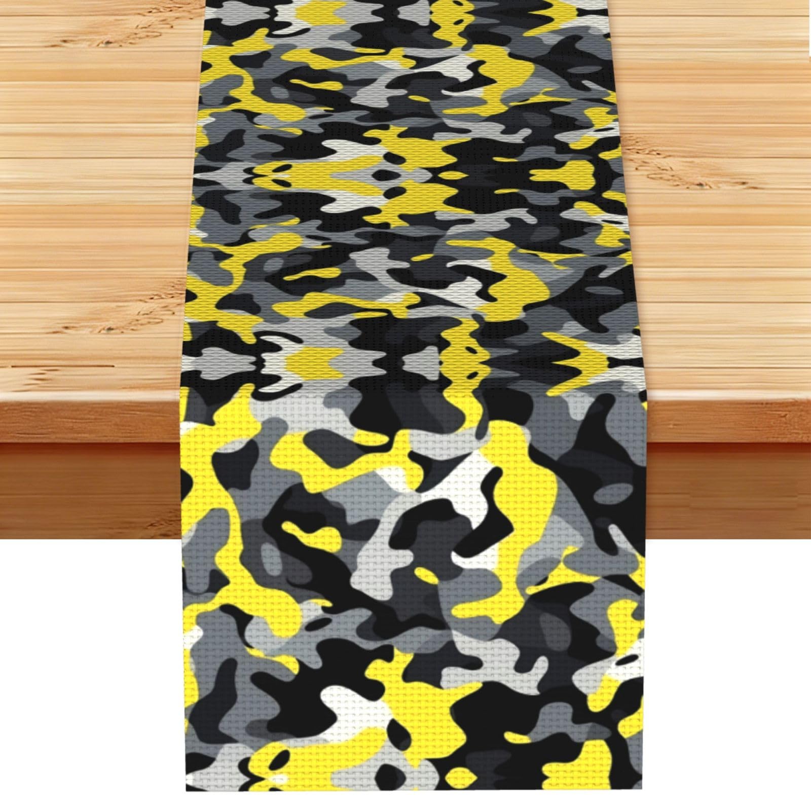 Vibrant Yellow Grey Camo Printed Table Runner 13 x 72, Wrinkle Resistant Decor for Dining Table Coffee Table Fireplace