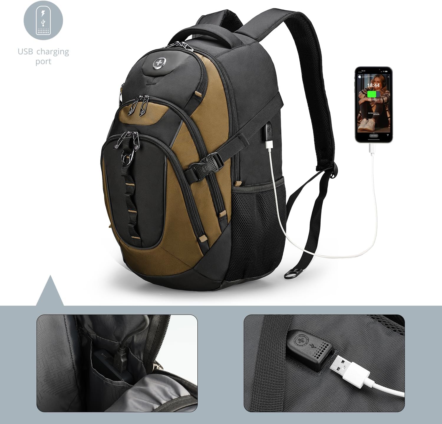 Swissdigital Design Laptop Backpack with USB Charging Port, Travel Backpack Fits 15.6 inches Computer, 31L College School Backpack for Men, Tan/Black | SD803-34 - Image 8