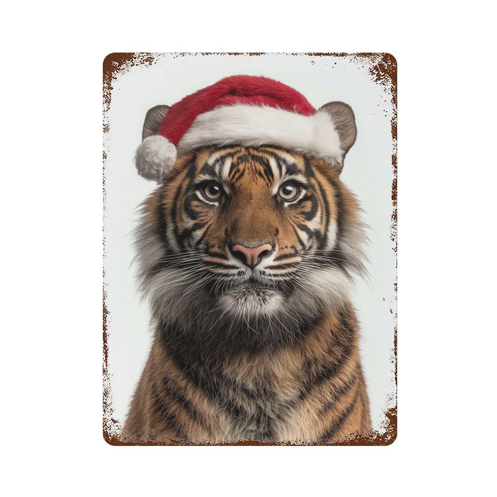 Vintage Rust Metal Sign with Sumatran Tiger Wearing Santa Hat Design 15.7"x11.8", for Shed, Workshop And Garage Wall Decor, Classic Wall Plaque