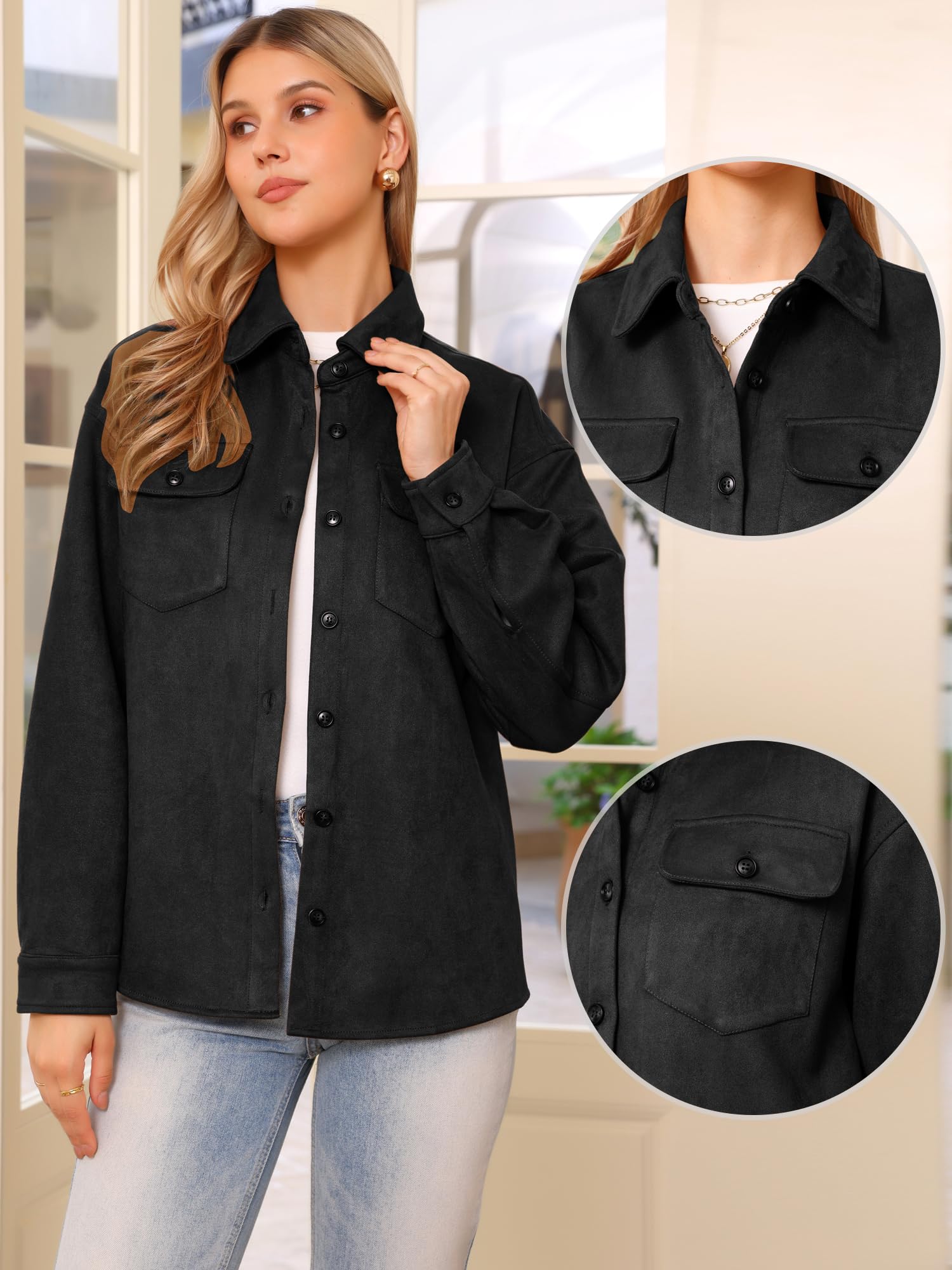Allegra K Veste en Faux Daim Femme Col Rabattu Manches Longues Blouson Décontractée Boutonnée Vintage