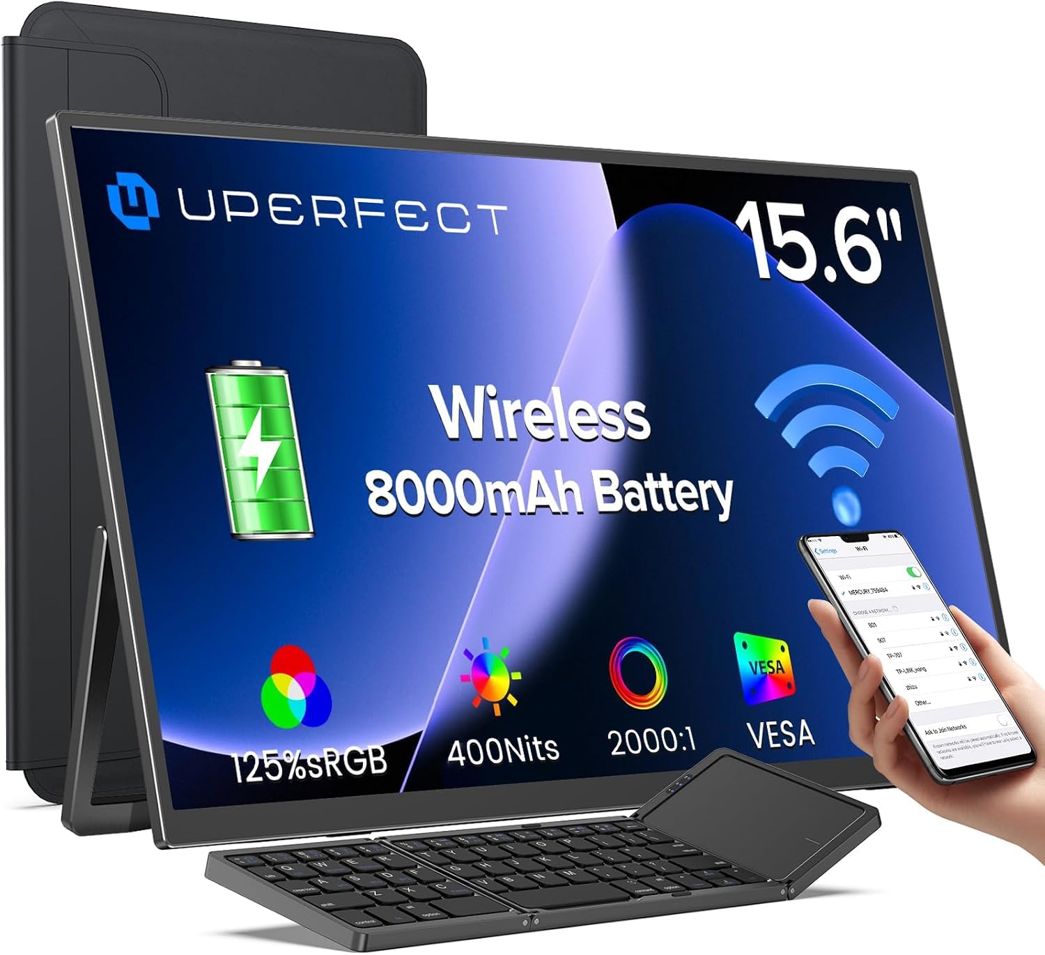 UPERFECT Monitor portátil Wireless con 8000mAh Batería, 15,6 Pulgadas 1080P 125% sRGB Ultradelgado Pantalla Portatil con Funda/Teclado para Laptop/PC/Teléfono/Game Console, Soporte AirPlay/Miracast