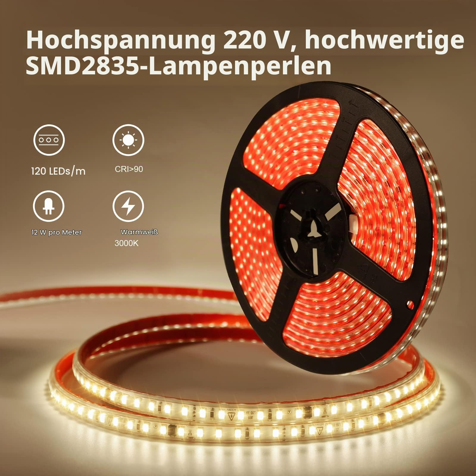pcning LED Streifen 230V Direktanschluss 10M Warmweiss, Sehr Hell LED Strip Selbstklebend mit Schalter 10 Meter IP67 Wasserdicht Lichtstrip (Warmweiß, 10M)