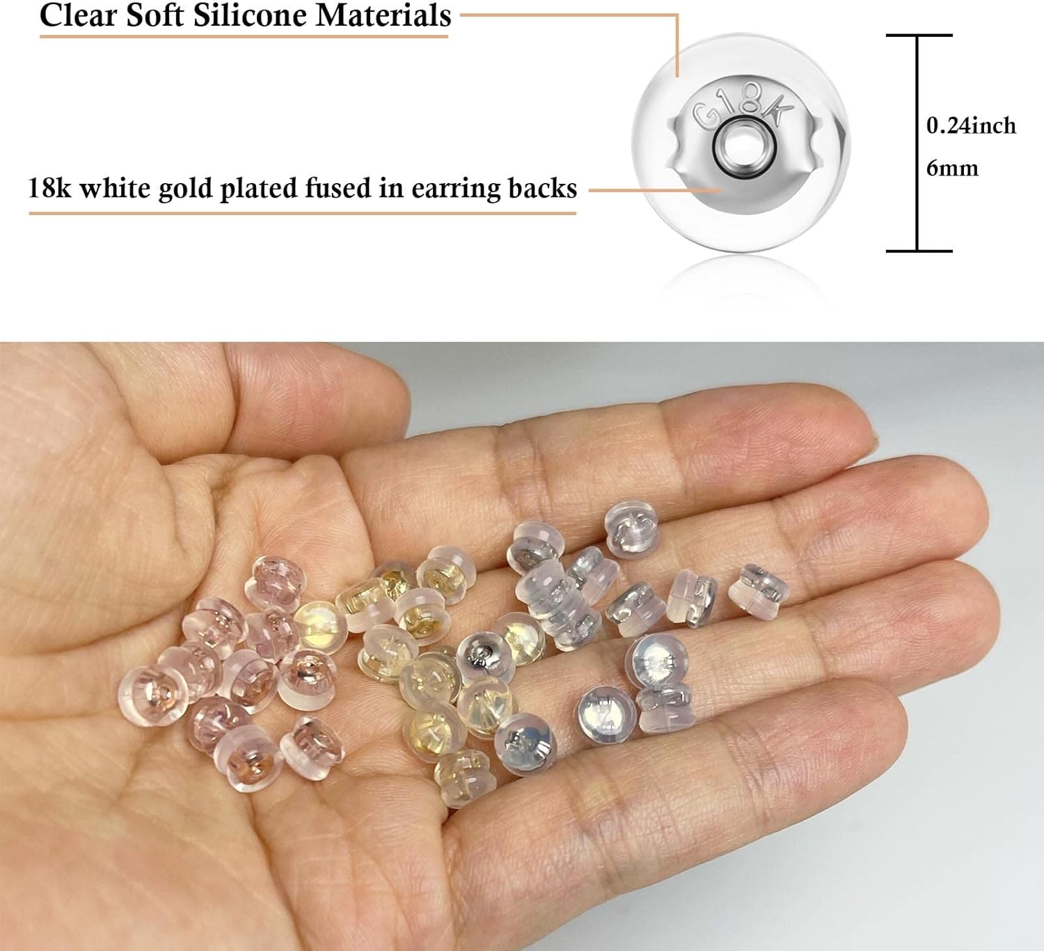 DELECOE Silicone Earring Backs for Studs and Hoops, Secure Locking for Heavy Earrings, Hypoallergenic Soft Clear (6Gold+6White Gold) - Image 5