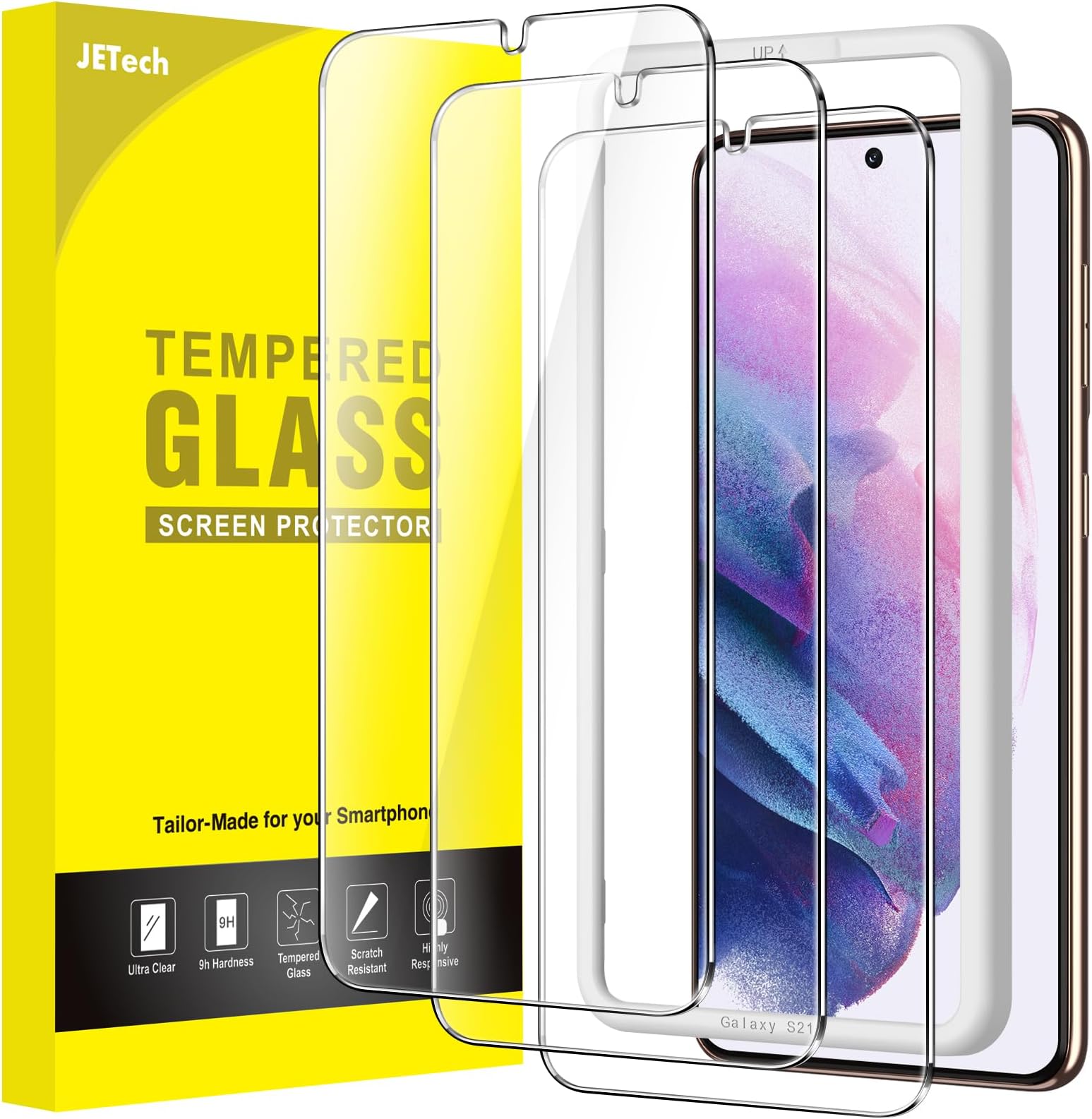 Screen Protector for Samsung Galaxy S21 5G 6.2-Inch, Tempered Glass Film with Easy Installation Tool, Fingerprint ID Compatible, HD Clear, 3-Pack