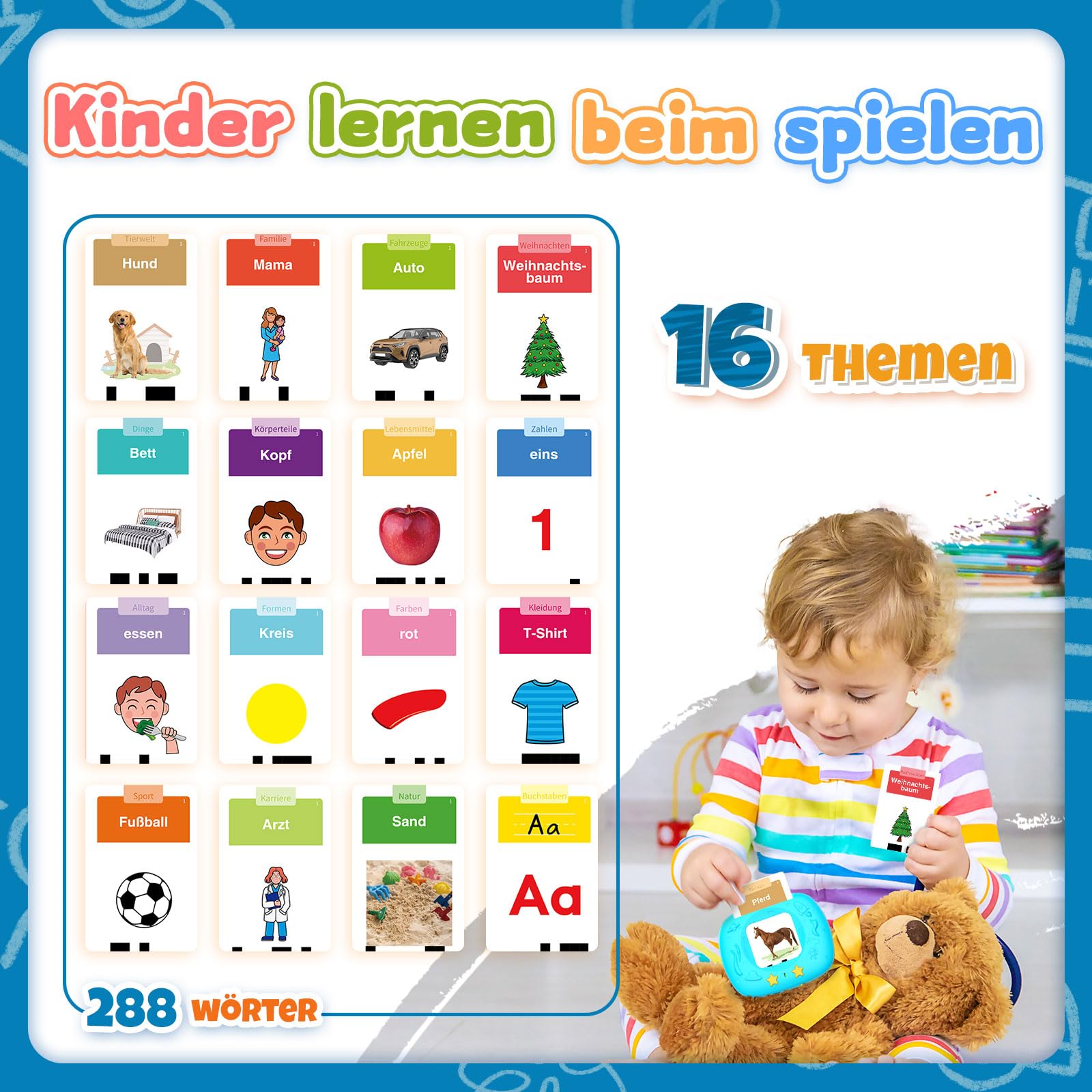 HOMESTEC Spielzeug ab 2 jahre - Deutsche Sprechende Lernkarten 144 Blätter 288 Wörter, Learnspielzeug für Kind im Vorschulalter 2 3 4 5 Jahre, Geschenke für Kinder Geburtstag, Blau