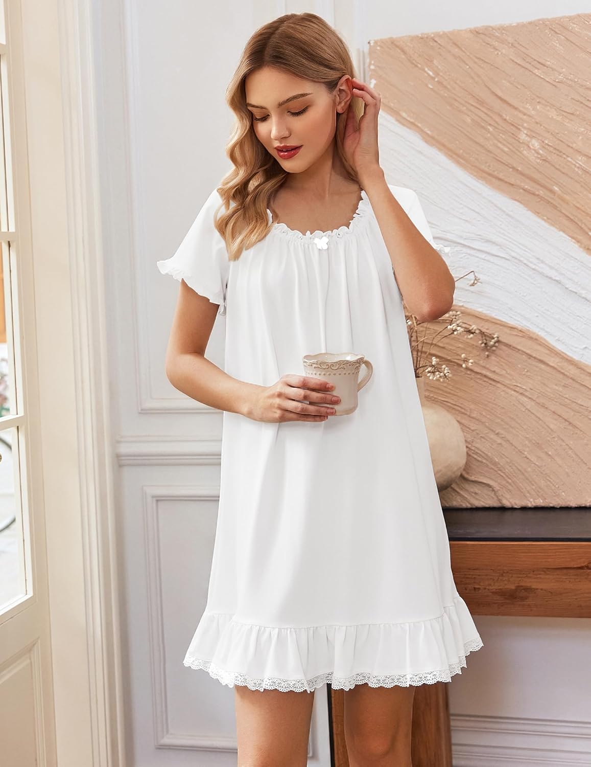 Ekouaer Cotton Nightgowns for Women Vintage Victorian Night Gowns Short Sleeve Sleep Shirts Lace Sleep Dress Soft Sleepwear