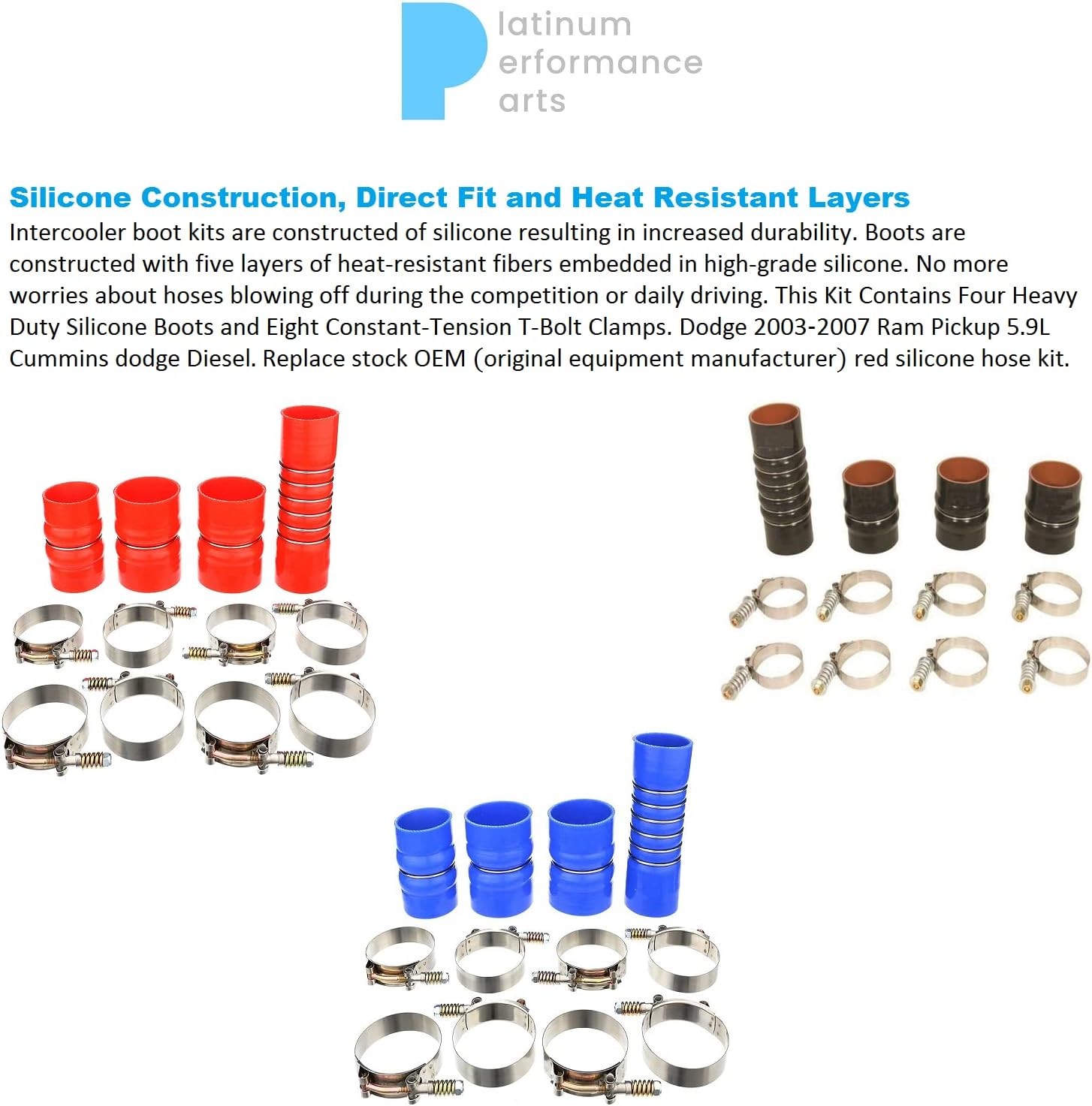Heavy Duty Silicone Intercooler Boot Kit Compatible with 2007.5, 2008, 2009 Dodge Ram Pickup 6.7L Cummins Diesel Provides Resistance to Heat, Pressure, Fuel, and Oil