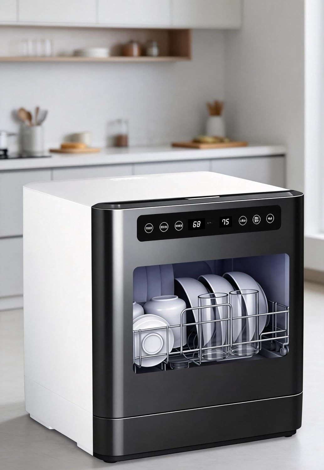 Countertop Dishwasher, Portable Mini Dishwasher Countertop Withtabletop and Built-in，Dual-Mode Smart Dishwasher4 Wash Cycles, 360° Dual Spray Arms, 75°c High-Temperature Sanitizing Wash