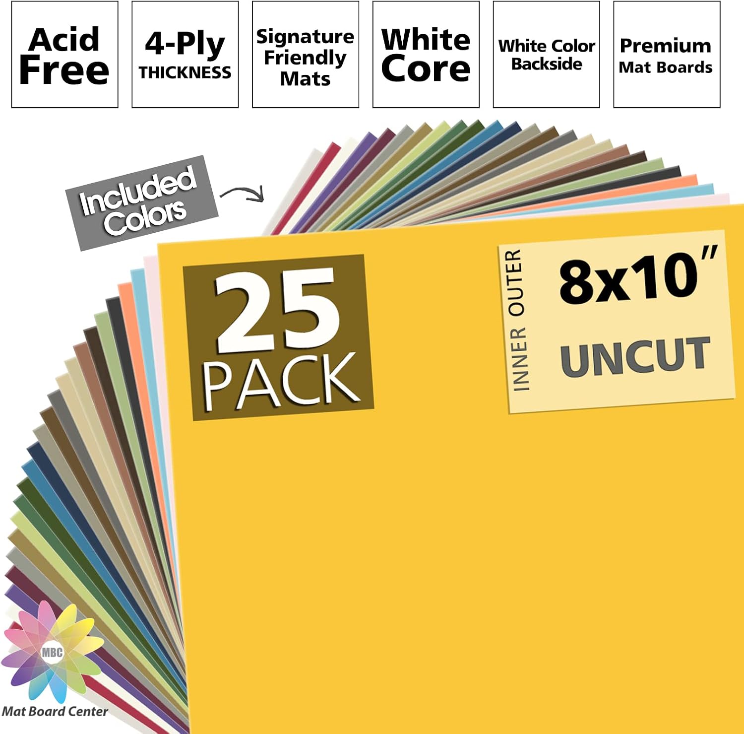 Mat Board Center Pack of 25 8x10 Uncut Mat Boards, Assorted Colors