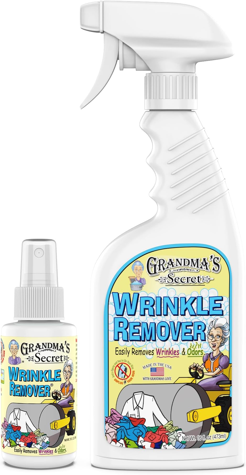Wrinkle Remover Spray - Easily Removes Wrinkles & Odors - Wrinkle Release, Fabric Refresher Spray, Chlorine, Bleach and Toxin-Free - 16 oz and 3 oz Travel Size Combo