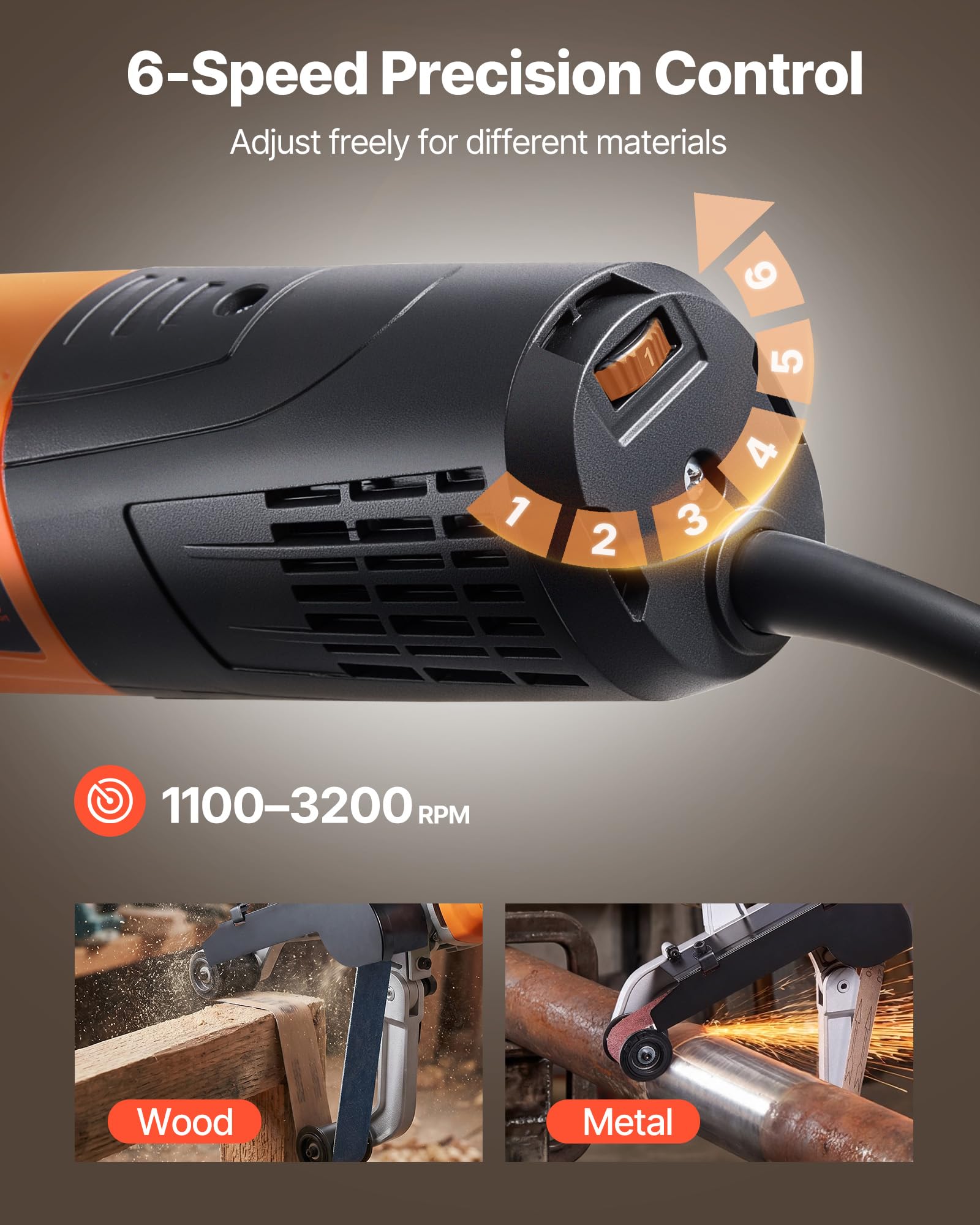 VEVOR Ponceuse à Bande, Ponceuse de Tubes Professionnelle 1300 W avec 6 Vitesses Variables 1100-3200 tr/min avec 100 Bandes Abrasives 40 x 760 mm pour Polissage, Finition, Élimination de la Rouille