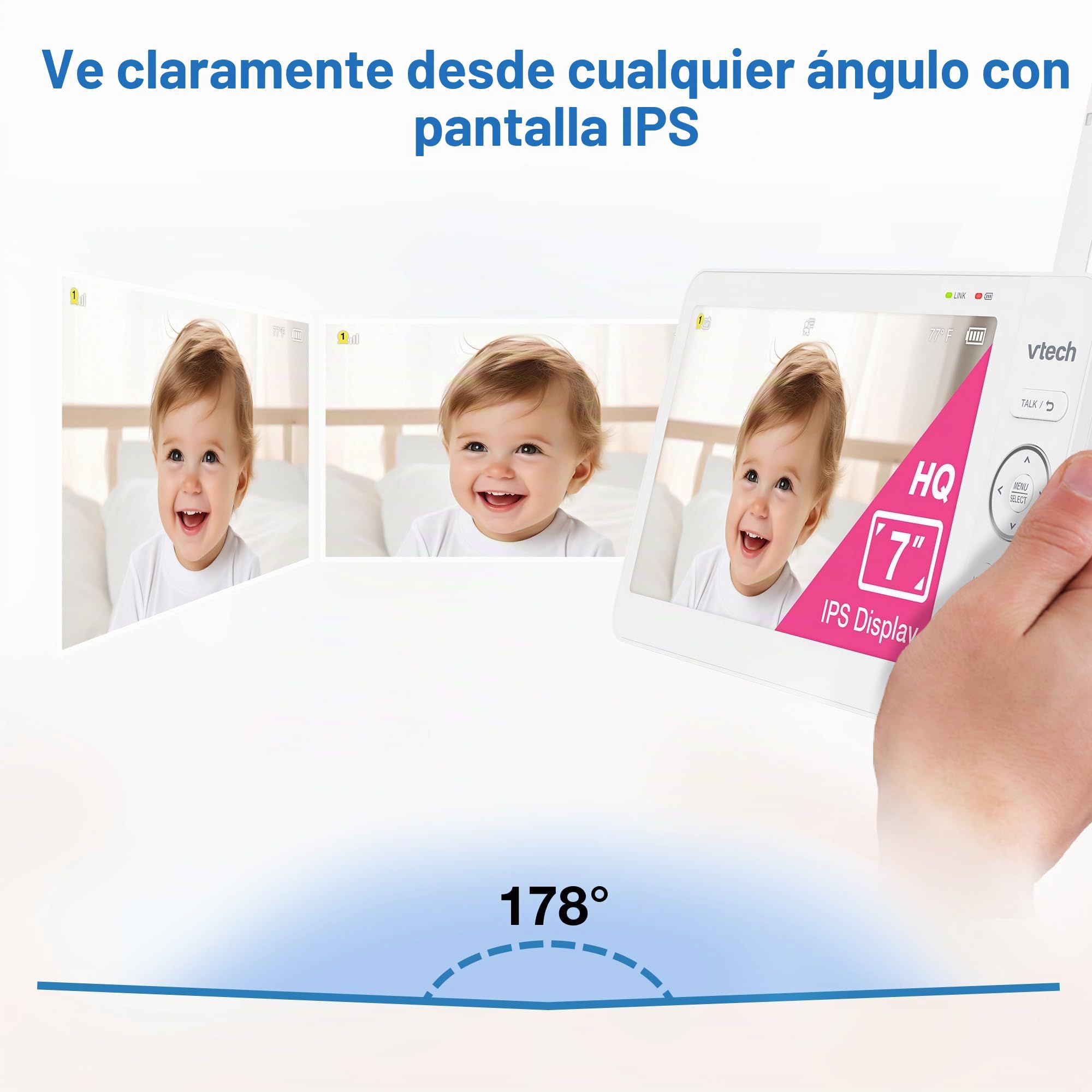 VTech [Monitor de bebé actualizado 2025 con visualización IPS de 7 Pulgadas, cámara panorámica con Zoom panorámico, Monitor de bebé de Video sin WiFi con cámara y Audio, luz Nocturna Multicolor