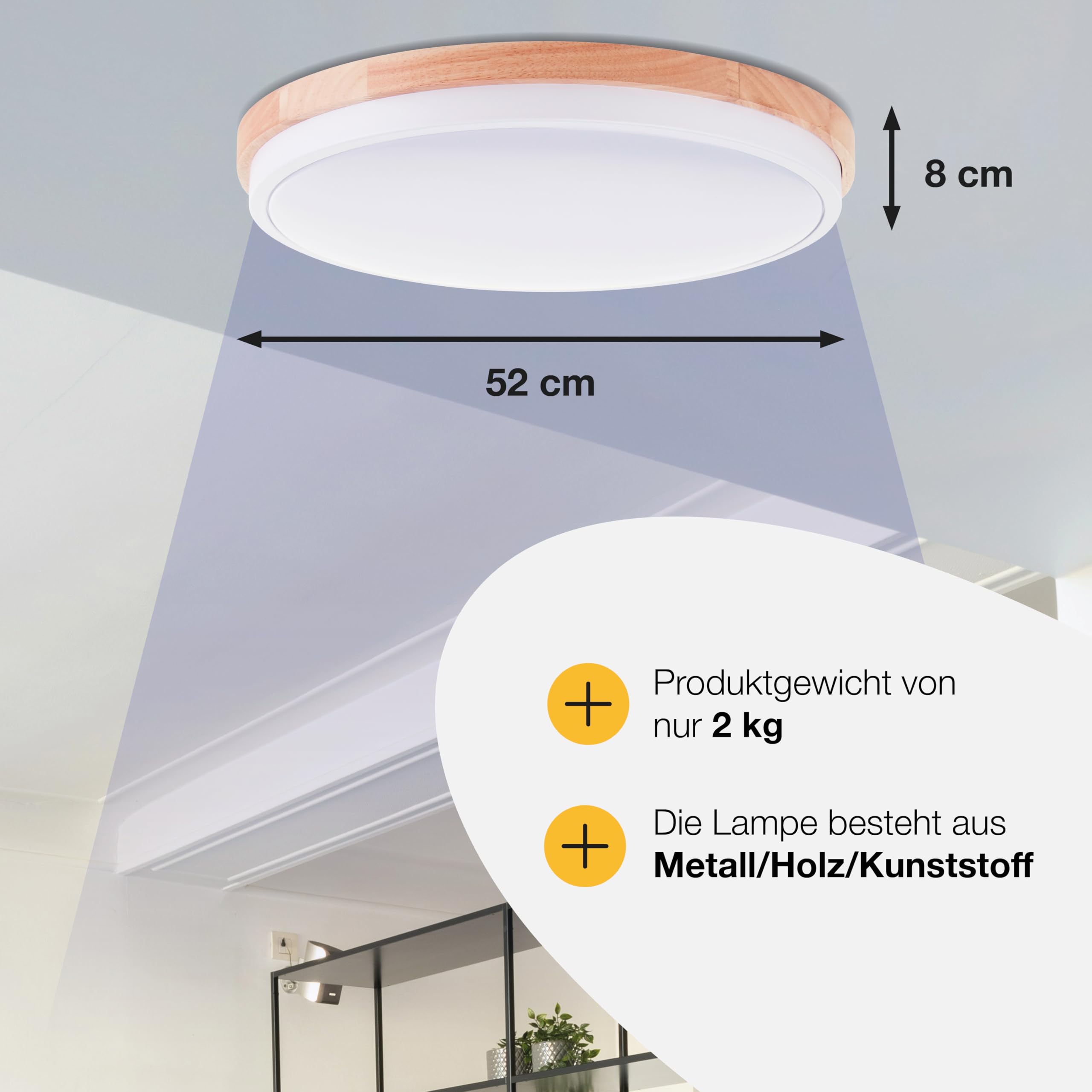 Aplique y plafón LED brillante con mando a distancia y CCT (3000 K - 6500 K) y marco de madera marrón claro de árbol de caucho | Ø 50 cm | 36 W | 4500 lm | fabricado en/plástico/metal/madera