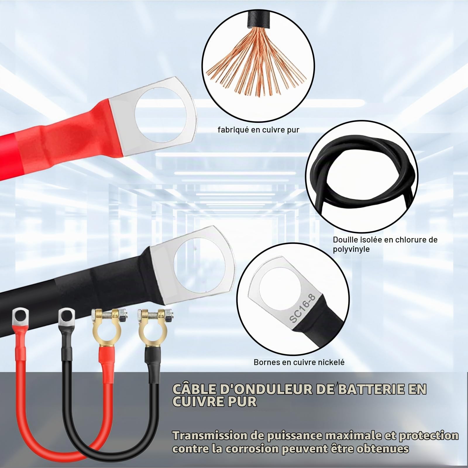 2 Pièces Câble De Batterie avec Cosse: Cable Batterie Voiture, 16mm², 50cm, Câbles De Connexion De Batteries pour Moto, Camion, Solaire, Camping-Car, Marine (Rouge, Noir)