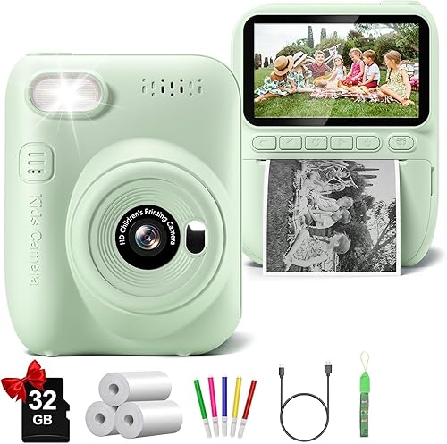 Cámara para niños, impresión instantánea, 3.0 pulgadas, HD, 32 MP, 1080P, cámara digital para niños con 3 rollos de papel de impresora, regalo de