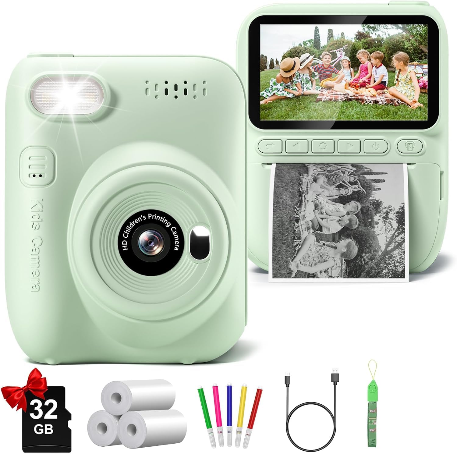 Kids Camera Instant Print, 3.0" HD 32MP 1080P Toddler Digital Camera with 3 Rolls of Printer Paper, Birthday Gifts Toy for 3-12 Year Old Girls Boys with 32GB SD Card-Green-picture-45