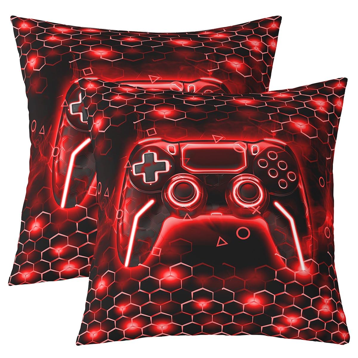 Gamer Pillow Cases Cushion Covers Kids Gaming Honeycomb Throw Pillow Covers 20"x20" Set of 2 Soft Game Controller Decorative Throw Pillowcases Hexagon Gaming Gifts Red Cushion Cases