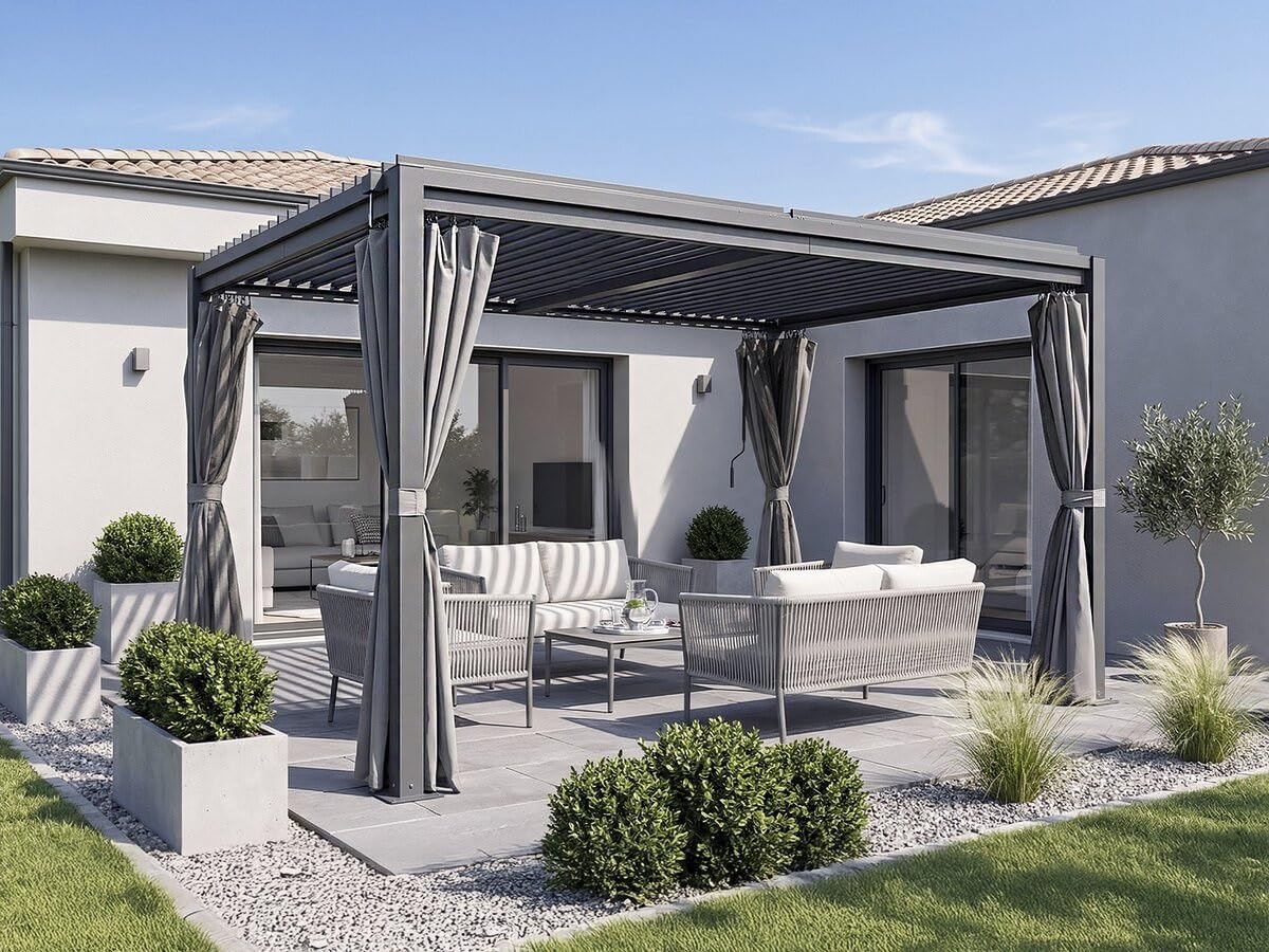 Pergola bioclimatique avec Rideau et moustiquaire Howard - 3 x 4 m - Gris