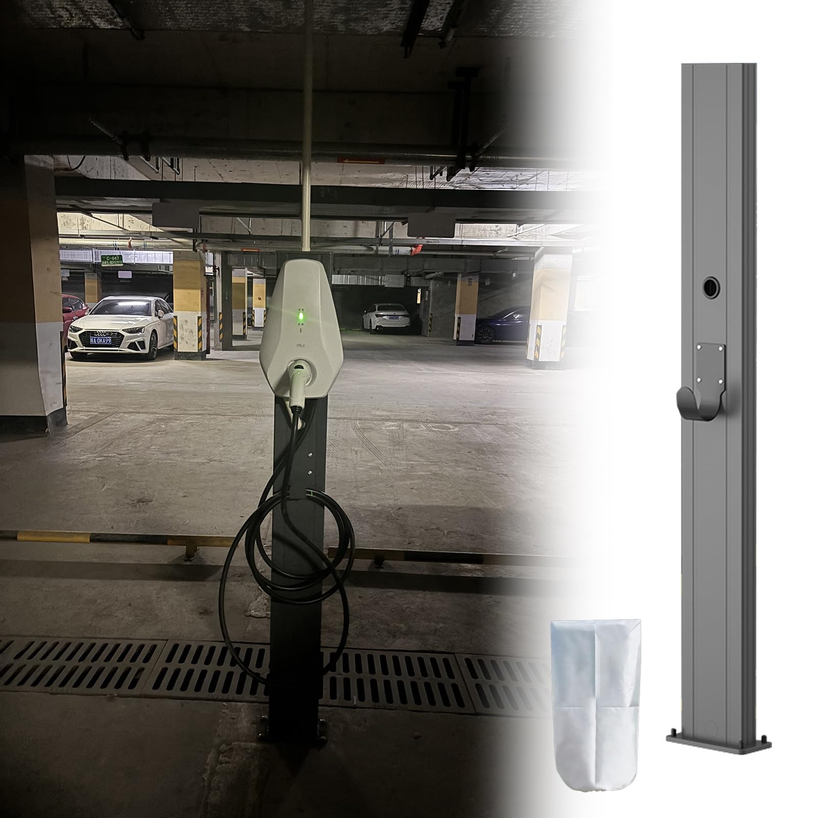 UrbanUp EV Ladestation Halterung Garagen-Ladesäule für Elektrofahrzeuge mit Regenschutz, Ladesäule für Fahrzeuge mit Alternativem Antrieb, Halterung für Ladekabel(Gray)