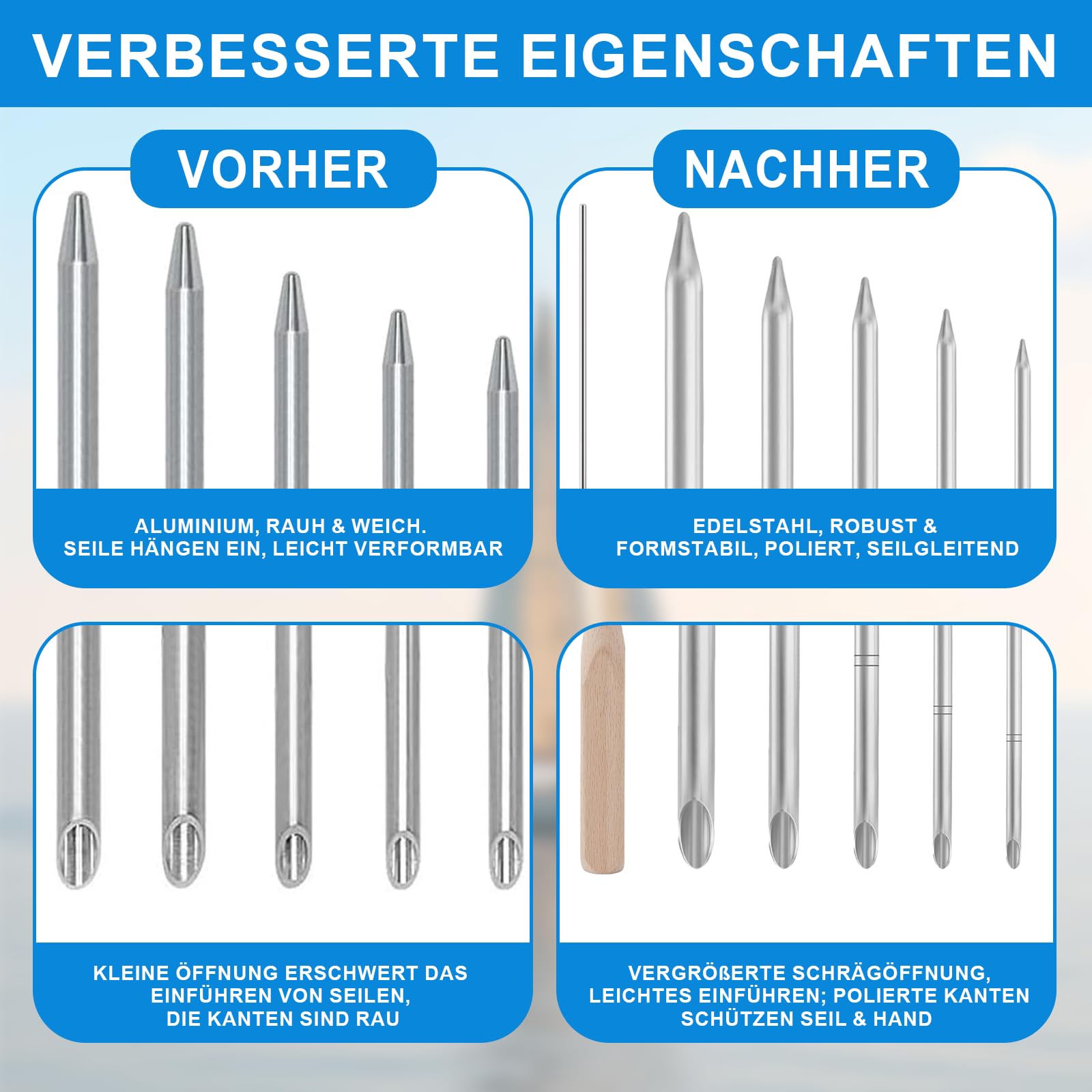 9-Teiliges Seil-Spleißwerkzeug-Set, Seilspleiß-Set, Fid-Kit mit Edelstahl-Stranghalter Seilverbindungsset und Schwarzes Klebeband, Flechtnadeln für Geflochtene Seilverbindung Segeln Takelage Seilwinde