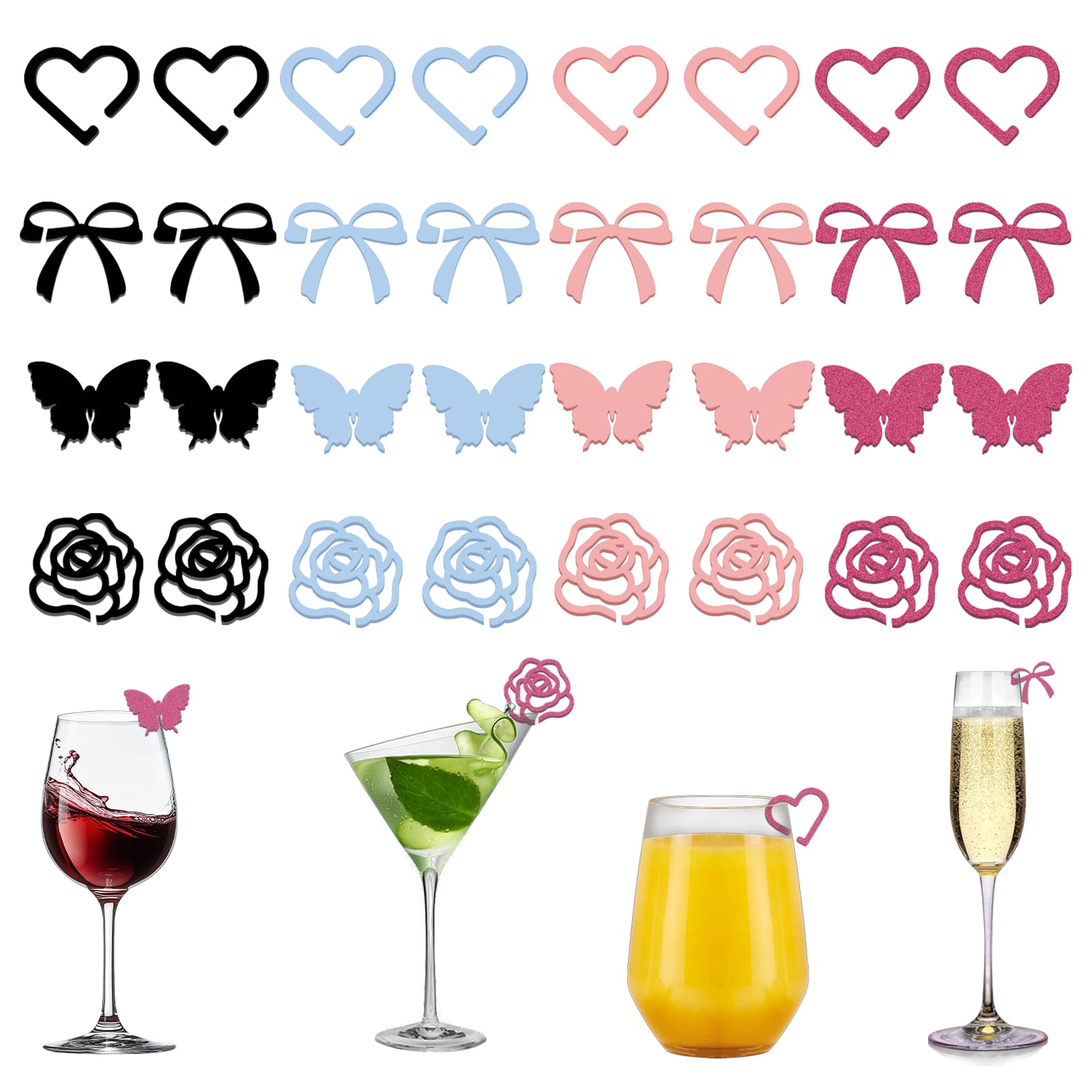 Mulomir 32 Stück Bowknot Herz Blume Schmetterling Wein Glas
