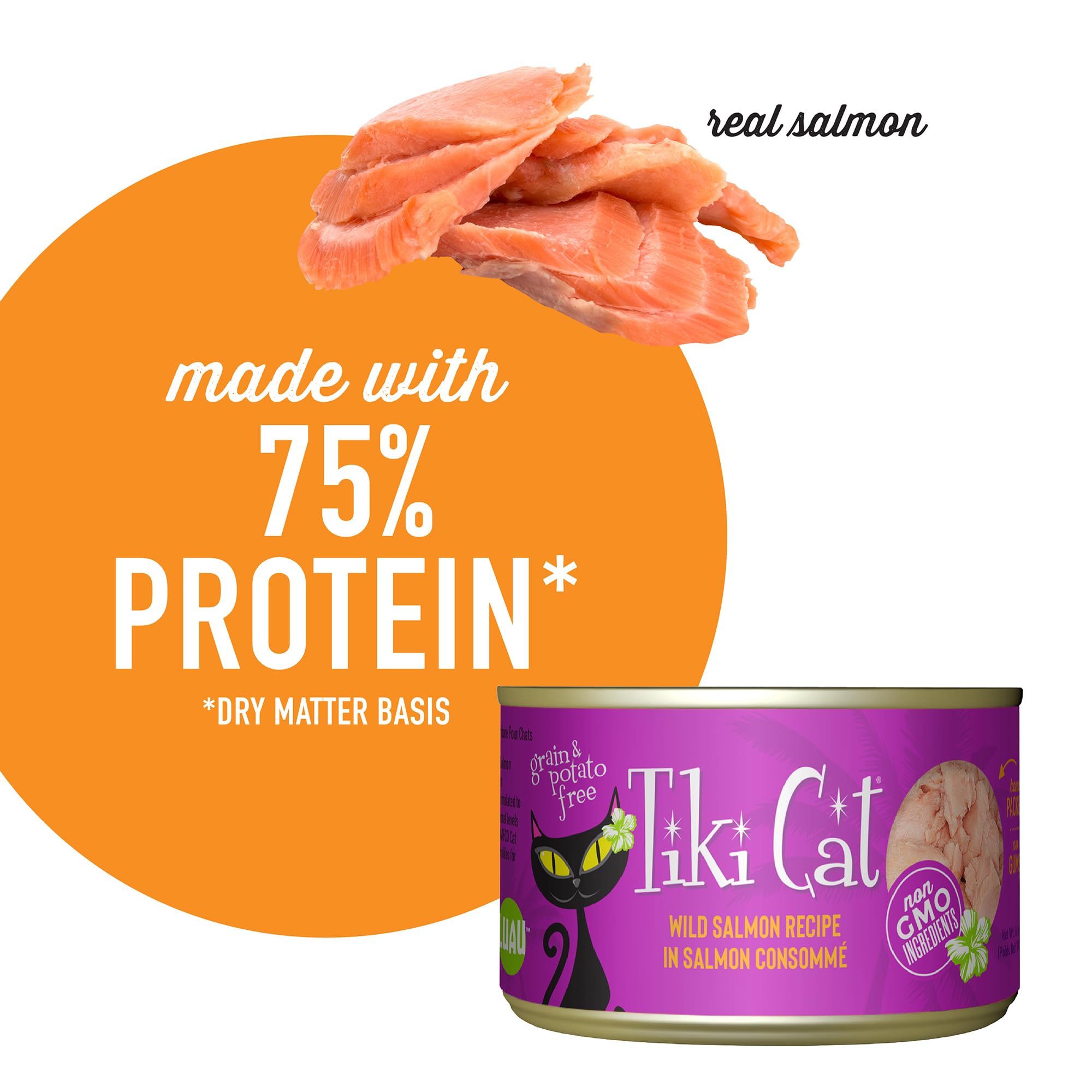 TIKI PETS Cat Luau Shredded Meat, Wild Salmon Recipe in Salmon Consumme, Grain-Free Balanced Nutrition Wet Canned Cat Food, For All Life Stages, 6 oz. Cans (Pack of 8)