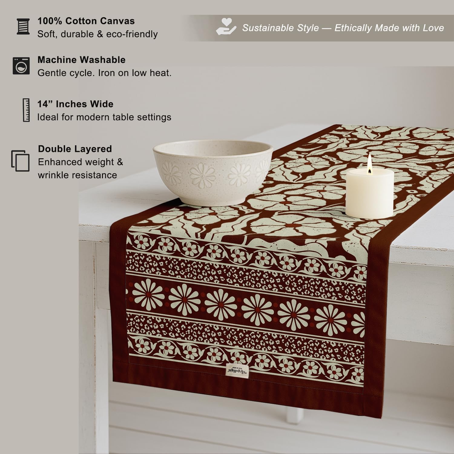Double Layer Cotton Table Runner with Border - Floral Print, Machine Washable - Dining Table Décor for Farmhouse & Modern Homes