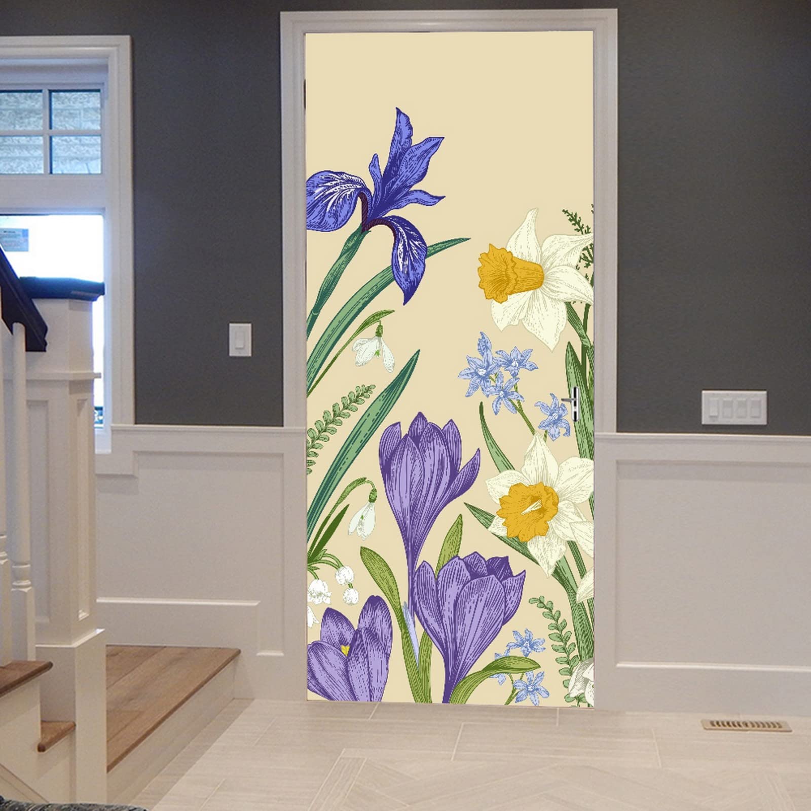 A.Monamour 3D Door Stickers for Interior Doors Spring Flowers Iris Crocus Narcissus Snowdrop Lily Of The Valley Botanical Vinyl Removable Self Adhesive Door Poster Wallpaper Mural Decals 83x204cm