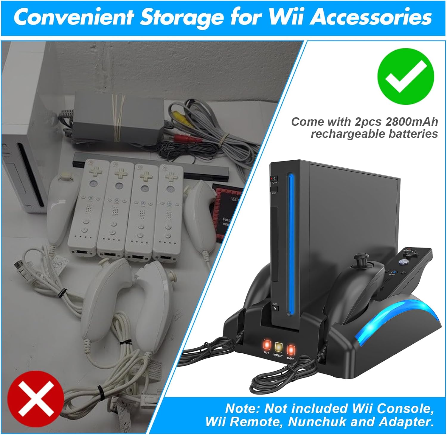Game Organizer Station for Wii Remote Charger, Charging Dock Station for Controller, Wii Stand with 2 Pcs Rechargeable Battery for Wii Console Nunchuk Game Accessories Kit Storage - Image 3