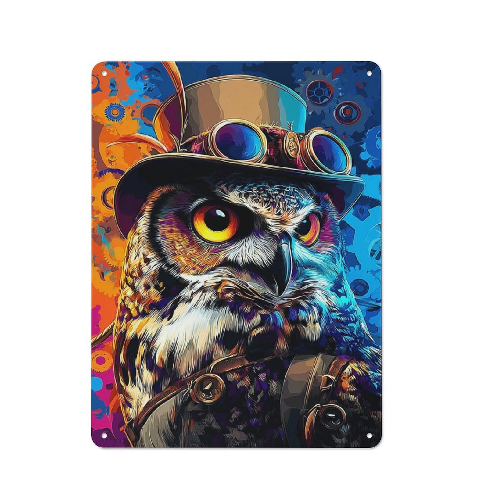 Junmoney Steampunk Owl Art Print-2 Tin Wall Plaque 40X30cm With For Home Office Or Studio, For Home Office Decor Fans