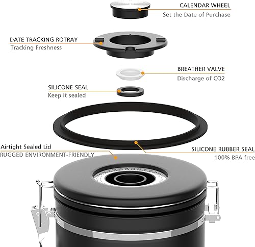 Miniatura 4 de Miscedence Recipiente de café de 35 onzas para café molido con rastreador de fecha, tapa de grano de madera de acero inoxidable 304, recipiente