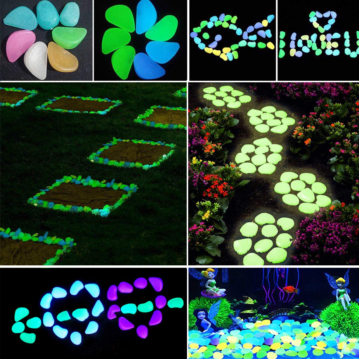 100 Ciottoli Fosforescenti In Resina - Pietre Luminose Per Giardino, Sentieri, Acquari E Piscine, Multicolore - Foto 9