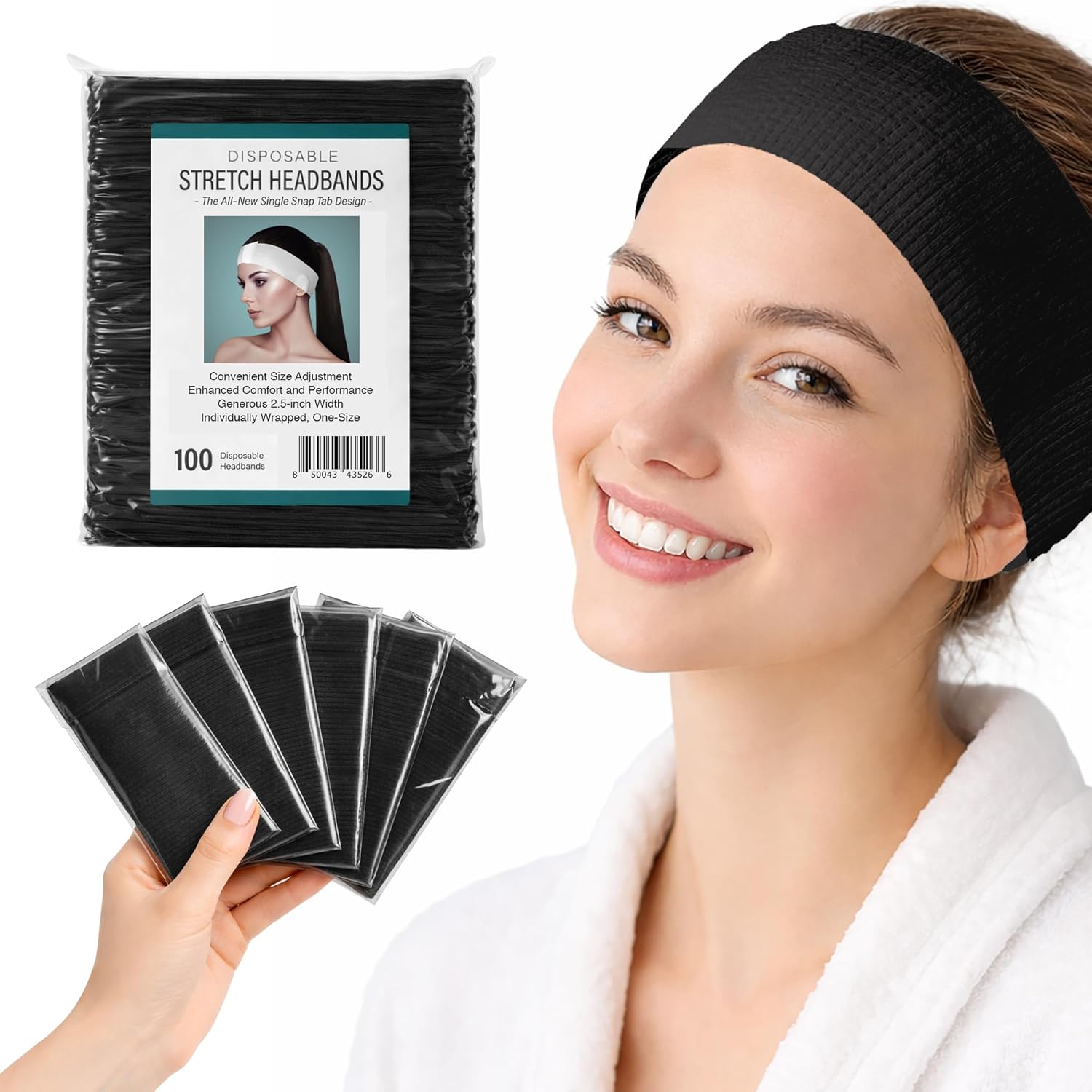 Disposable Spa Facial Headbands 100 Pack Individually Wrapped Single Snap Tab for Estheticians Makeup Artists Salon Professionals by