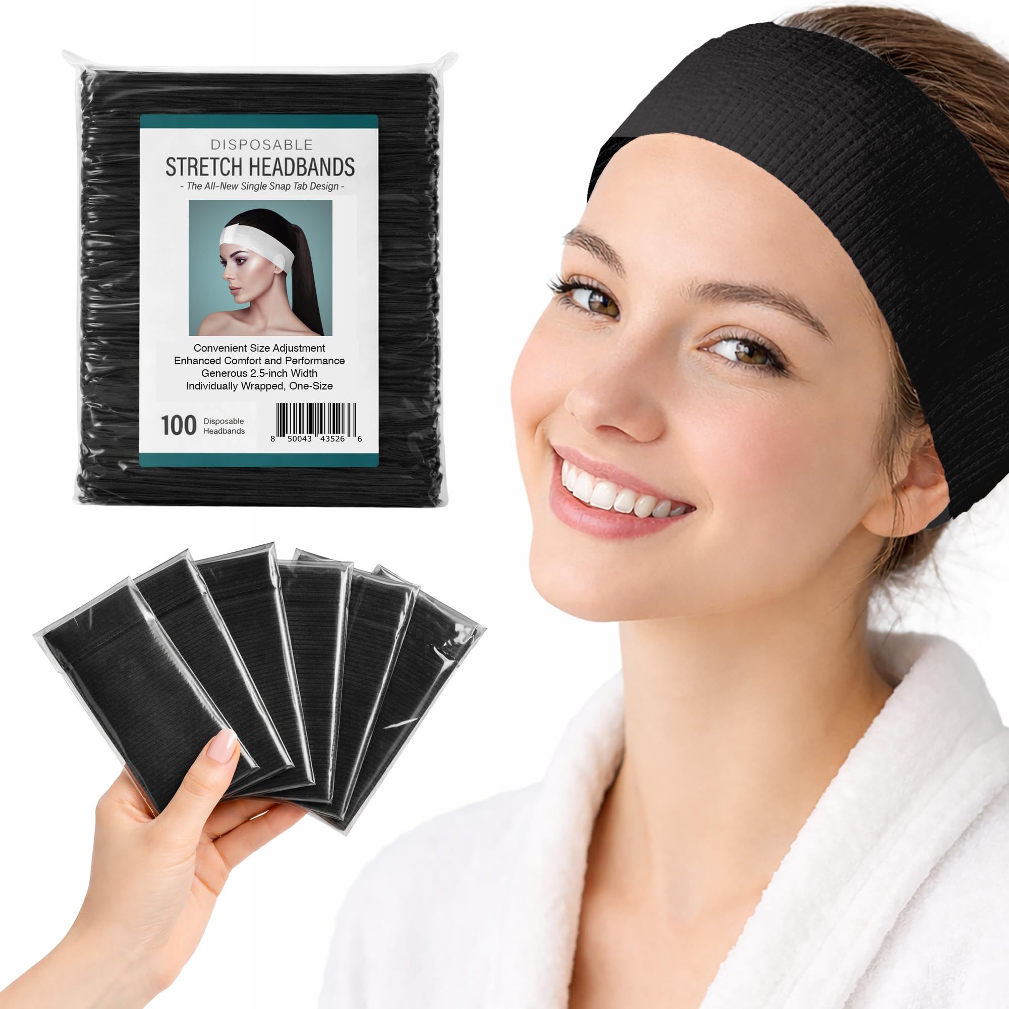 APPEARUS Disposable Spa Facial Headbands (100 Pack) – Individually Wrapped, Stretchable Non-Woven Hair Wraps with Single Snap Tab for Estheticians, Makeup, and Skincare