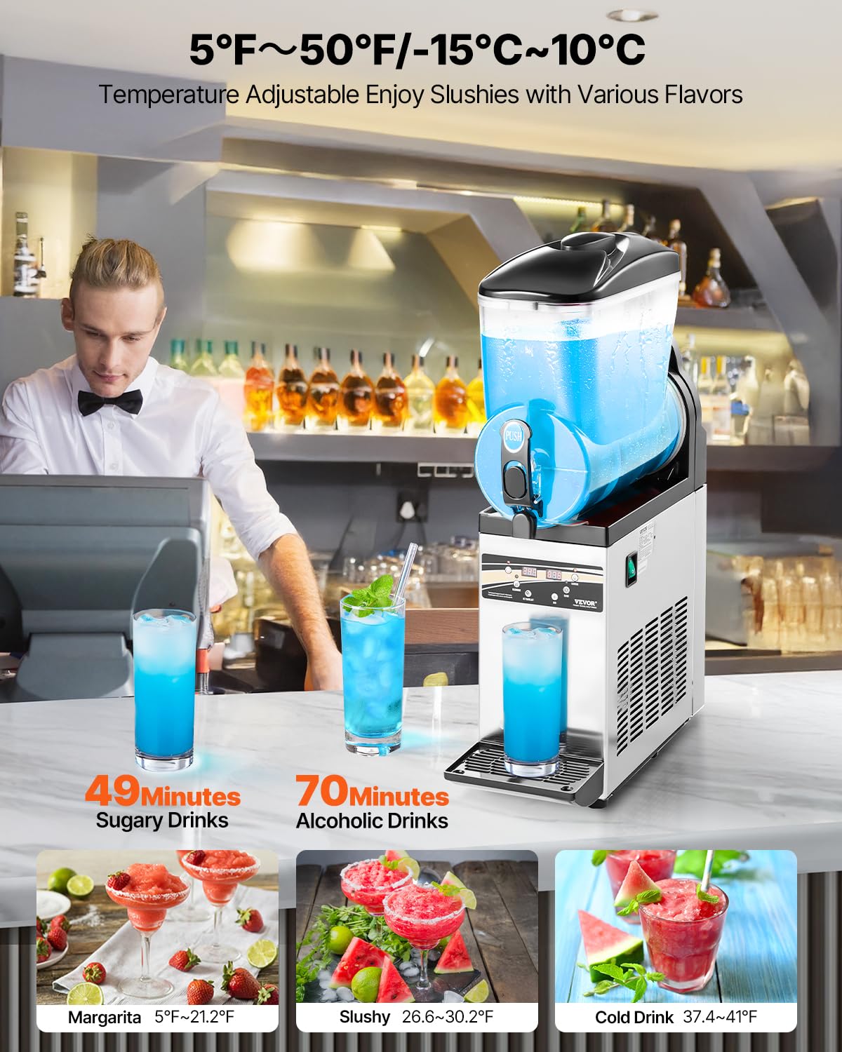 VEVOR kommerzieller Frozen Drink Maker, 15 L Slush-Maschine 60 Tassen Margarita-Smoothie-Maschine aus Edelstahl, Slush-Maker für Zuhause Partys Restaurants Cafés Bars