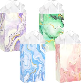 DjinnGlory 36 Pack Marble Gift Bags with Tissue Paper, Small Pastel Gold Accent Party Favor Bags with Handles, Paper Goodie Bags 9x5.5x3.15 for Wedding, Bridal Shower, Small Business