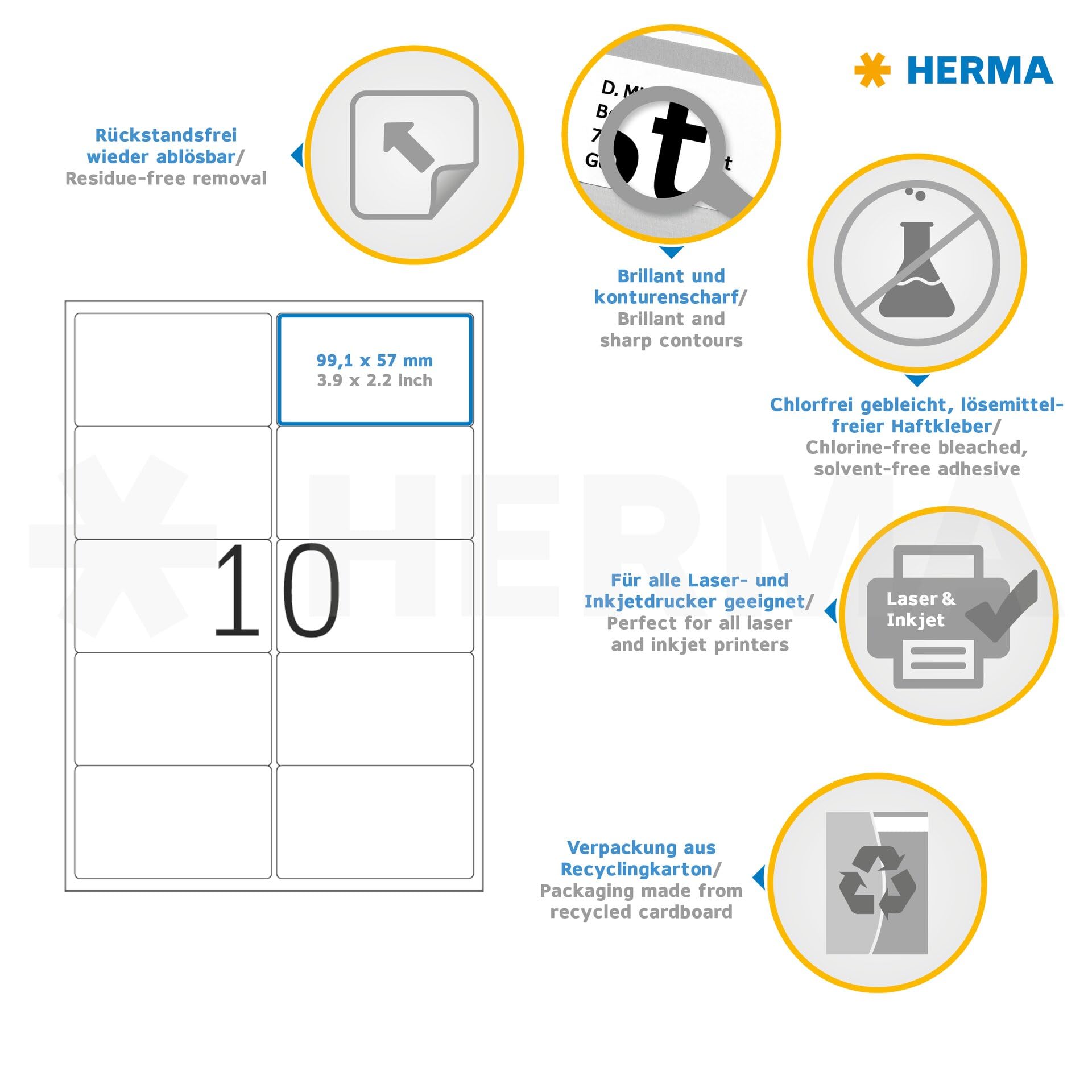 Herma 10316 Étiquettes movables/amovibles 99,1 x 57 A4 1000 pièces Blanc
