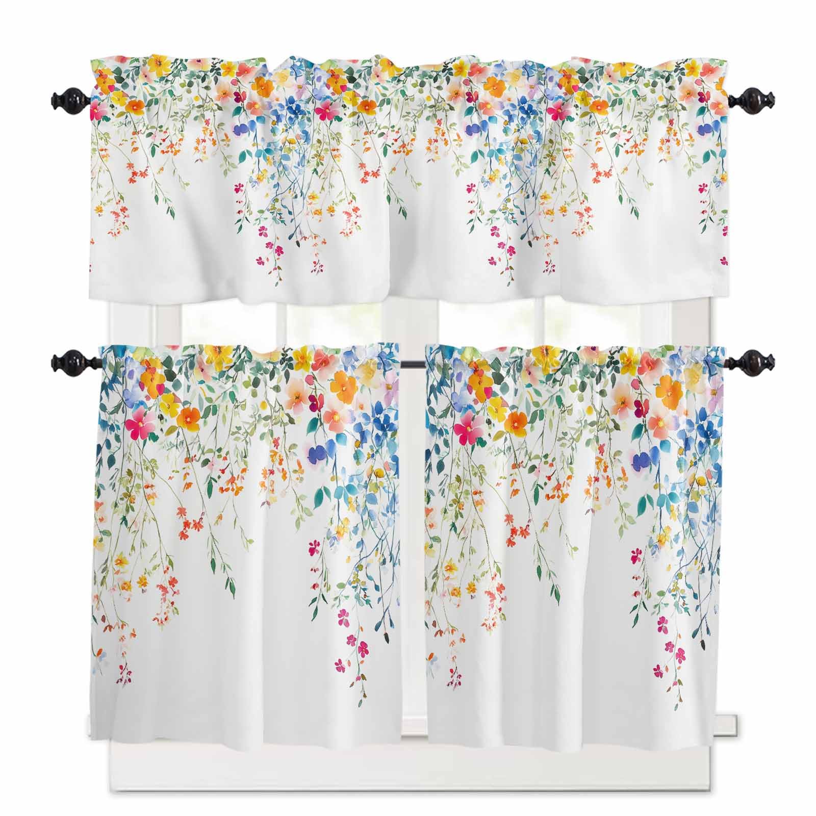 Yomandocix Kitchen Curtains and Valances Set, Flower Leaf Rod Pocket Curtains Tier Farmhouse Window Treatment 36 Inch Length, Country Style Colored Flower Branch Plant 3 Piece Kitchen Curtain Set